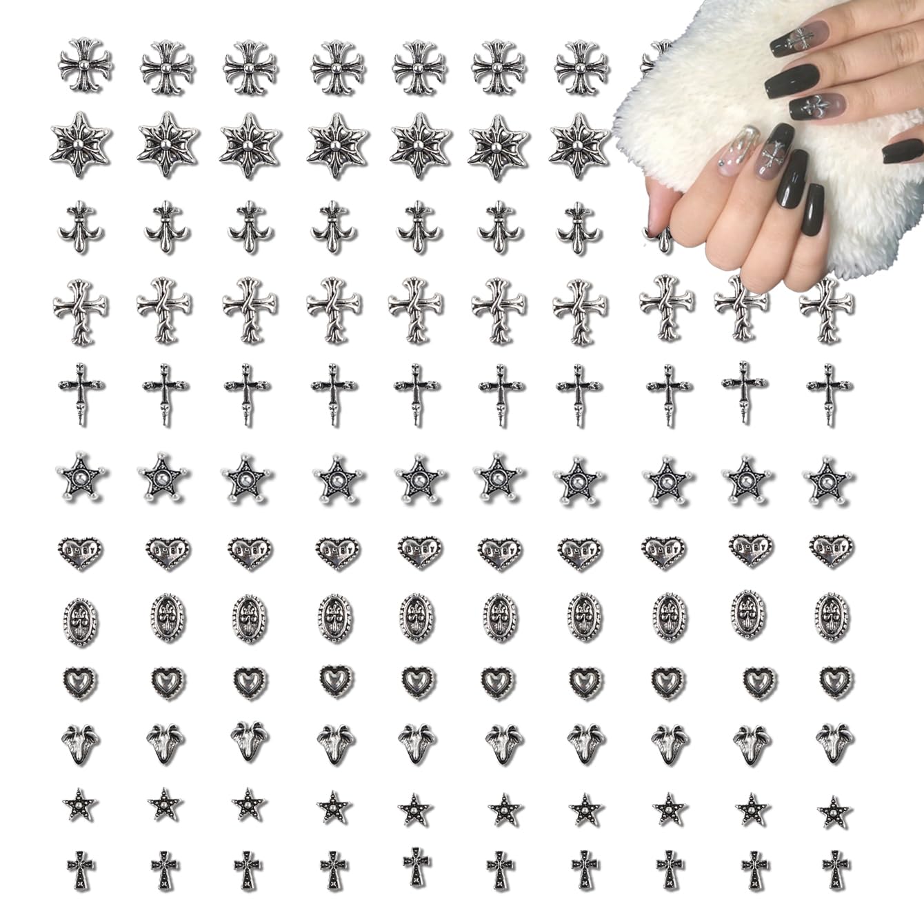 【送料無料】120個セット ネイルパーツ メタル シルバー クロス・スター・ハート デコパーツ, DIY ネイ..