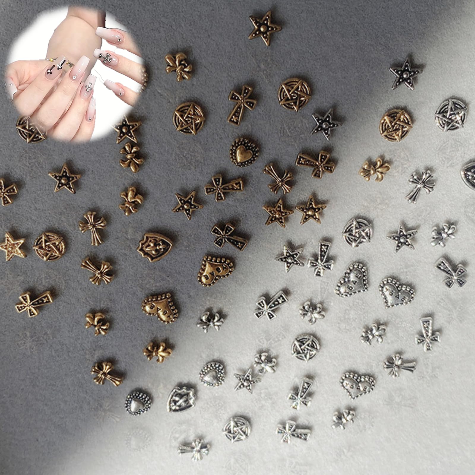 【送料無料】FineGood パンクネイルアートチャーム（50個 スタイルランダム）レトロ シルバー ネイルア..