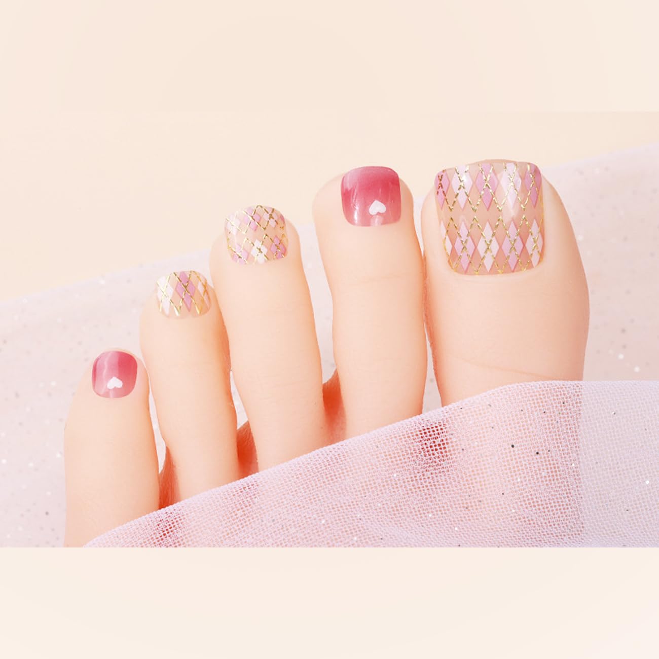 【送料無料】ジェルネイルシール 足用 2枚入 マニキュア膜付 長持ち無臭 防水 安全 貼るジェルネイル 貼って固めるグラデーション オフィスネイル キラキラ 可愛い シンプル 女性 プレゼント ツール付き 色：ピンクのチェック