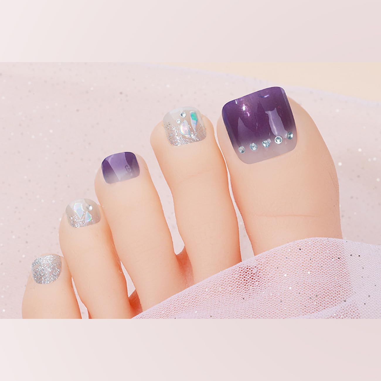 【送料無料】ジェルネイルシール 足用 2枚入 マニキュア膜付 長持ち無臭 防水 安全 貼るジェルネイル 貼って固めるグラデーション オフィスネイル キラキラ 可愛い シンプル 女性 プレゼント ツール付き 色：紫色289
