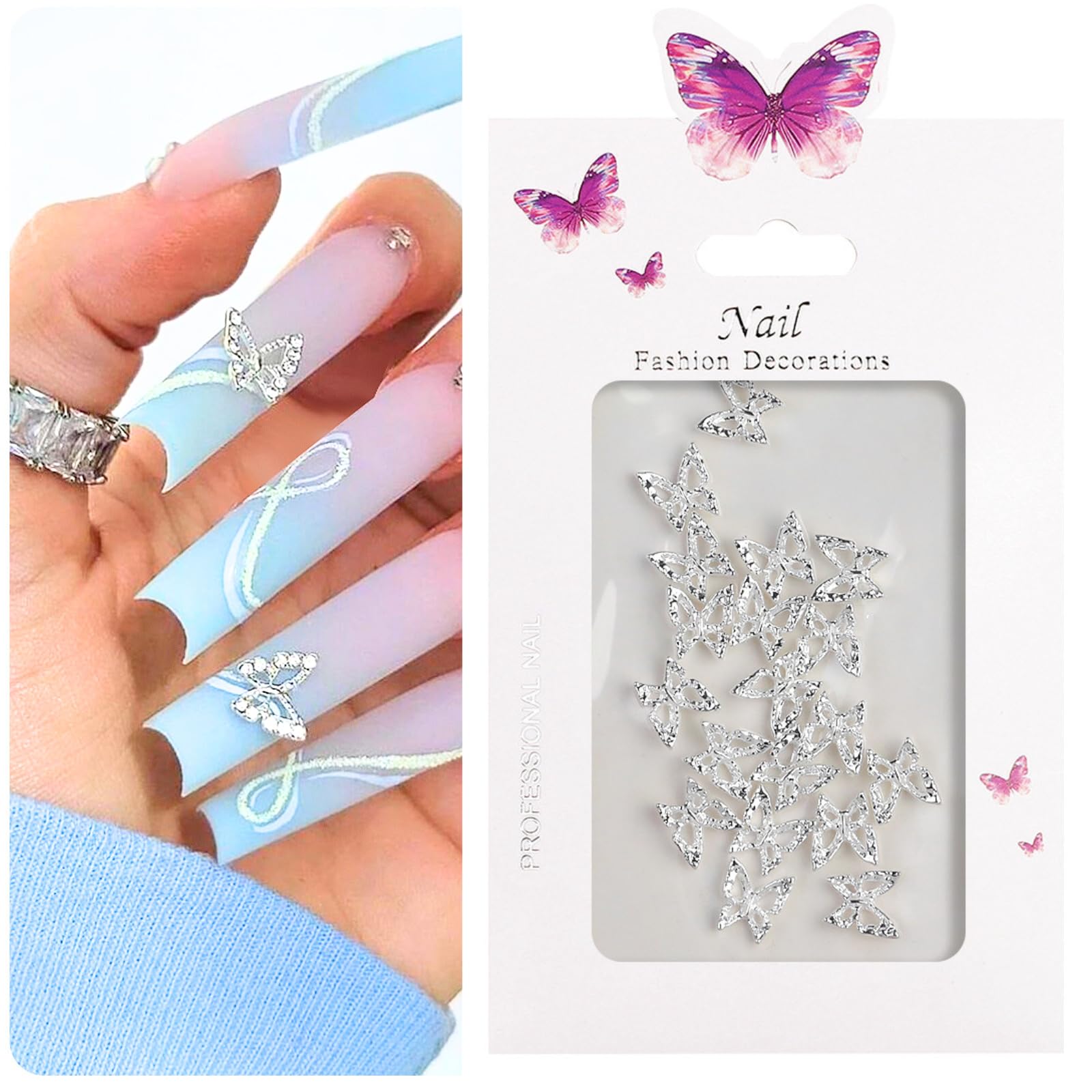 【送料無料】K-Bom ネイルパーツ 蝶 ゴールド 小さめ 3D メタル 立体感 20個入り ワンホンネイル ネイルアート ジェルネイル レジン デコパーツ 大人可愛い 韓国風 DIY 材料 色：シルバー