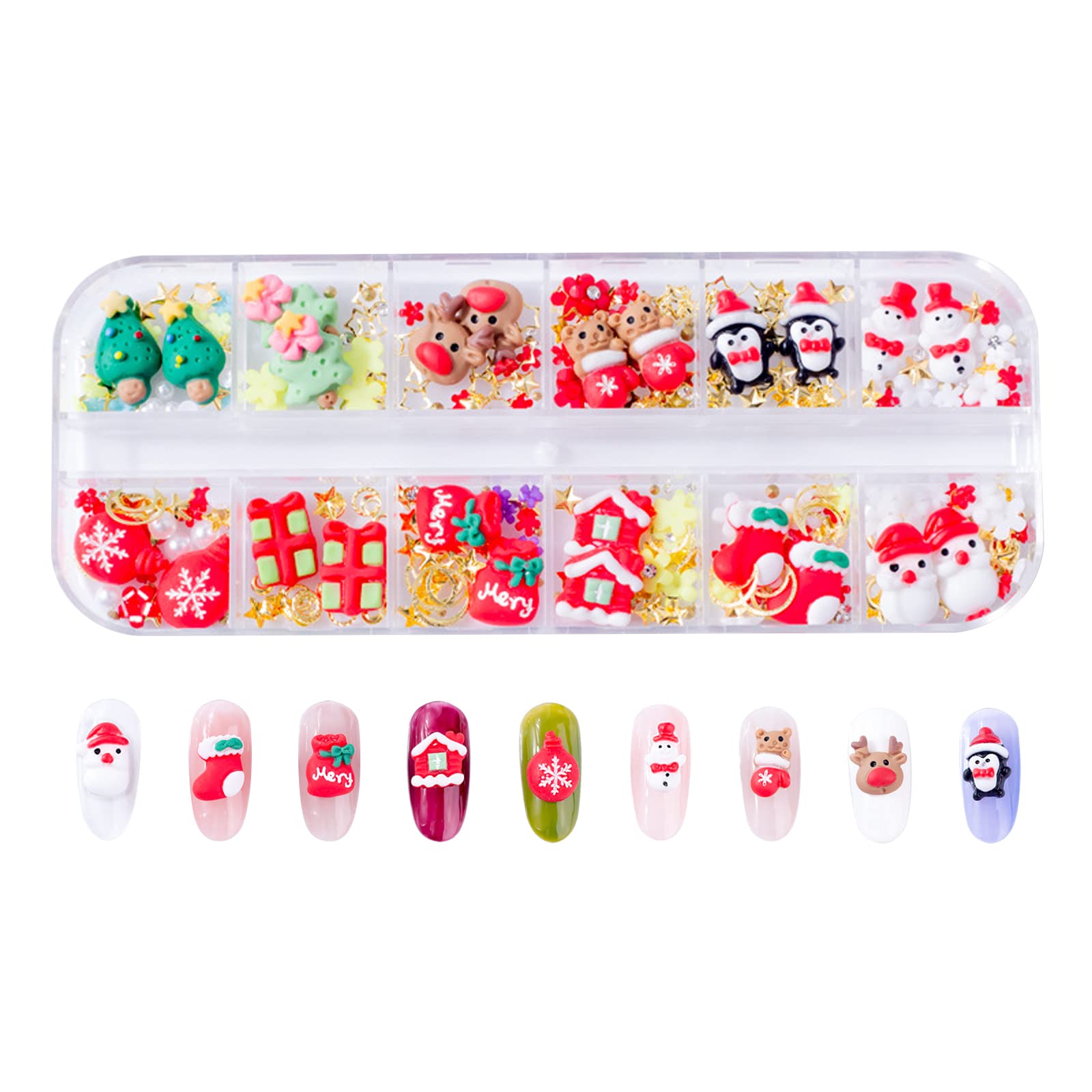 【送料無料】クリスマス ネイルパーツ 12グリッド 3D立体 可愛い クリスマスツリー トナカイ 雪だるま ..
