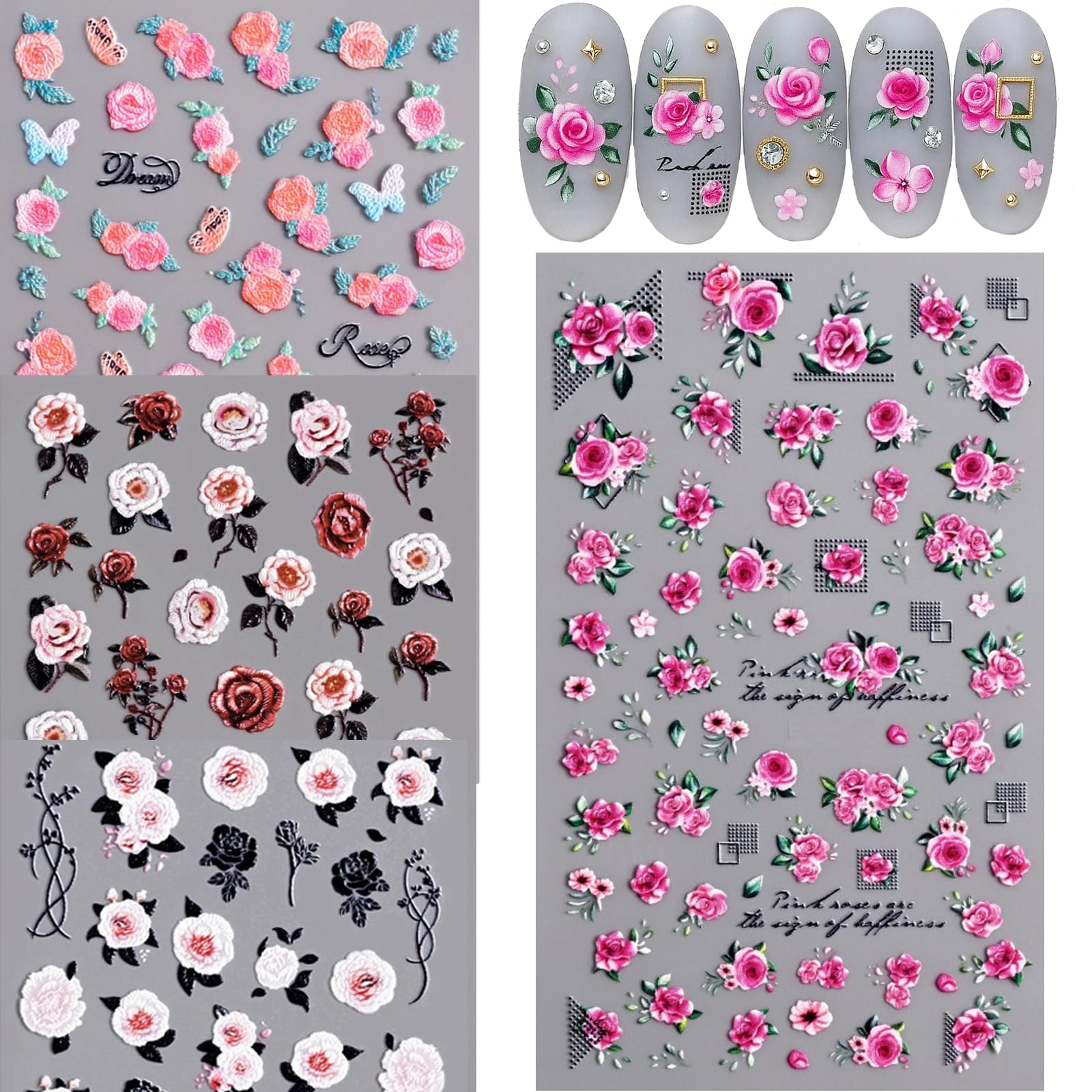 【送料無料】pilviz ネイルシール 花柄 セット 5D アンティーク カラー ステッカー デザイン アート パーツ レジン封入 色：ホワイト