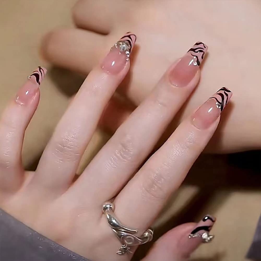 【送料無料】24枚の斑馬柄と水晶のフレンチスタイルの方形ロングフェイクネイル