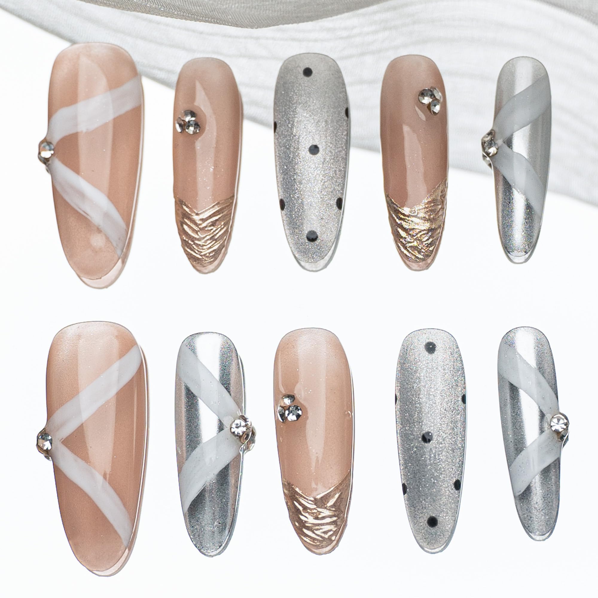 【送料無料】Sun&Beam Nails 手作り ネイルチップ ロング スティレット 銀 白 赤 いちご パール つけ爪 3D デザイン おしゃれ 付け爪 10枚入 (#173 XS) 色：#183、サイズ：S