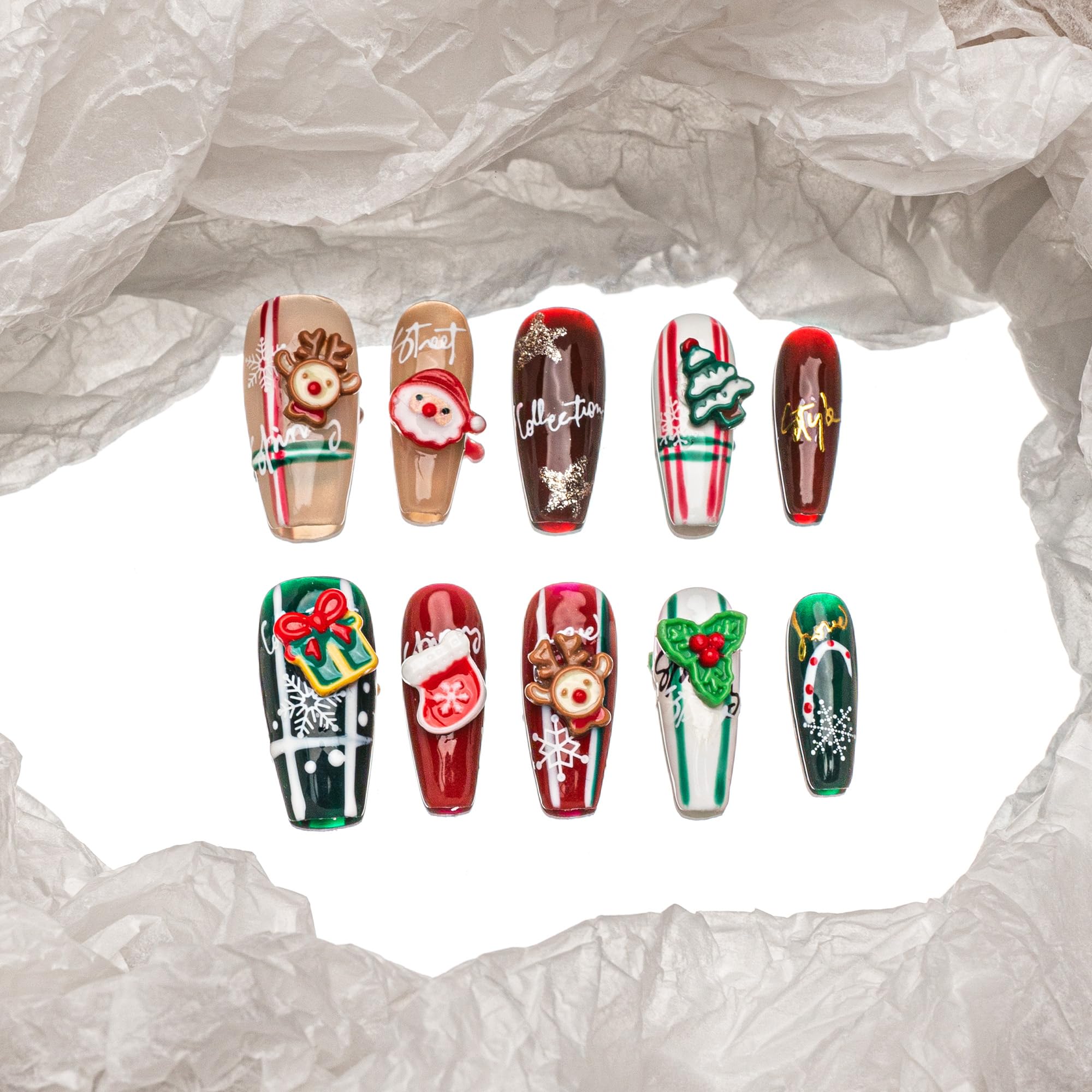 【送料無料】Sun&Beam Nails 手作り ネイルチップ ロング スティレット 銀 白 赤 いちご パール つけ爪 3D デザイン おしゃれ 付け爪 10枚入 (#173 XS) 色：#195、サイズ：S