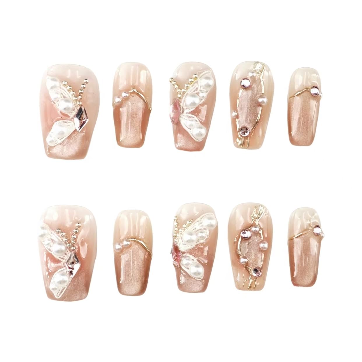 【送料無料】farfarflame 手作り ネイルチップ ミディアム ロング 付け爪 つけ爪 アーモンド 3D ダイヤモンド 猫目ジェル 光沢 おしゃれ かわいい デザイン 秋 冬 パーティー 10枚入 色：蝶の影、サイズ：XS