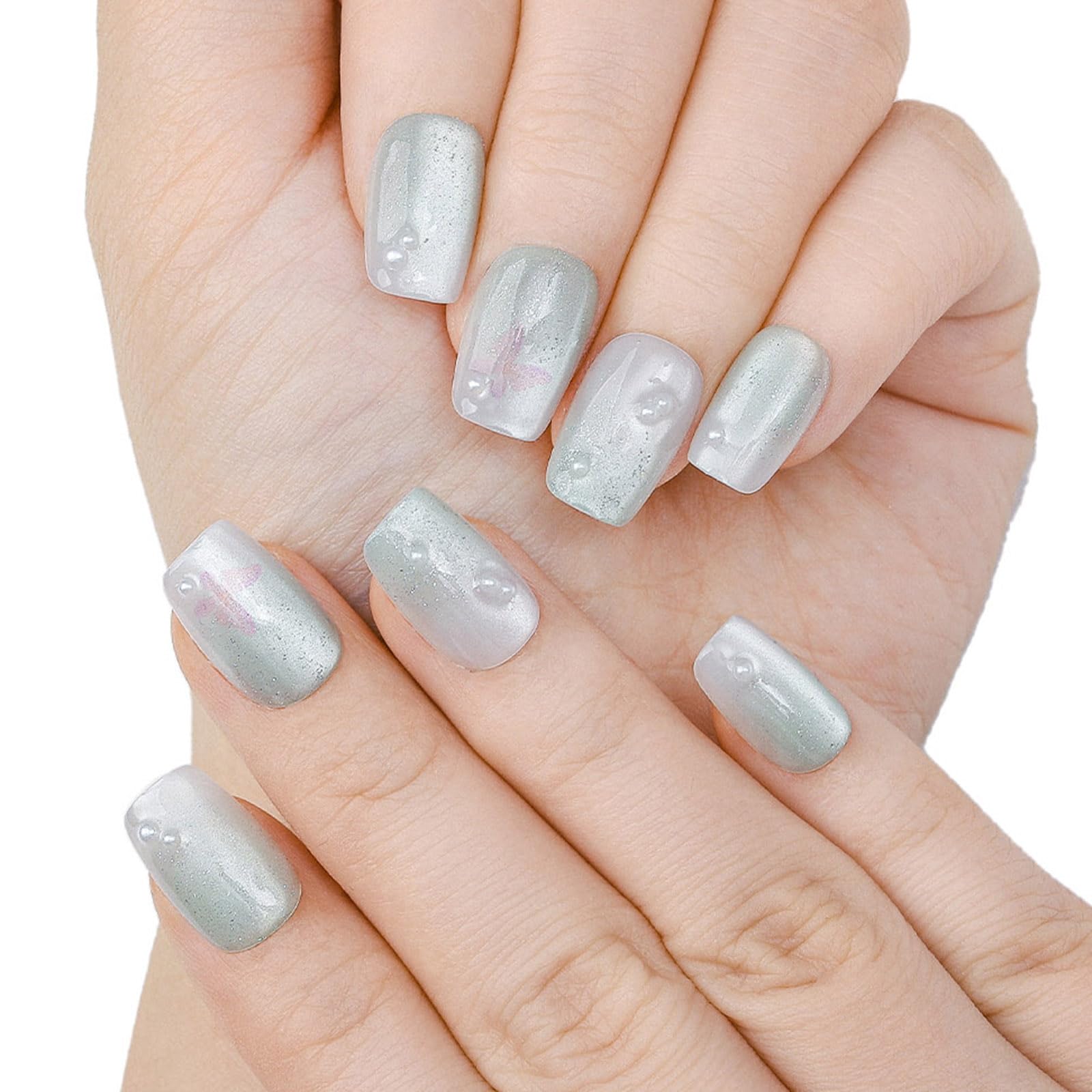 【送料無料】Sethexy フランス手作りネイルチップ ショートバレリーナチップ 蝶柄 プレスオンネイル ブ..