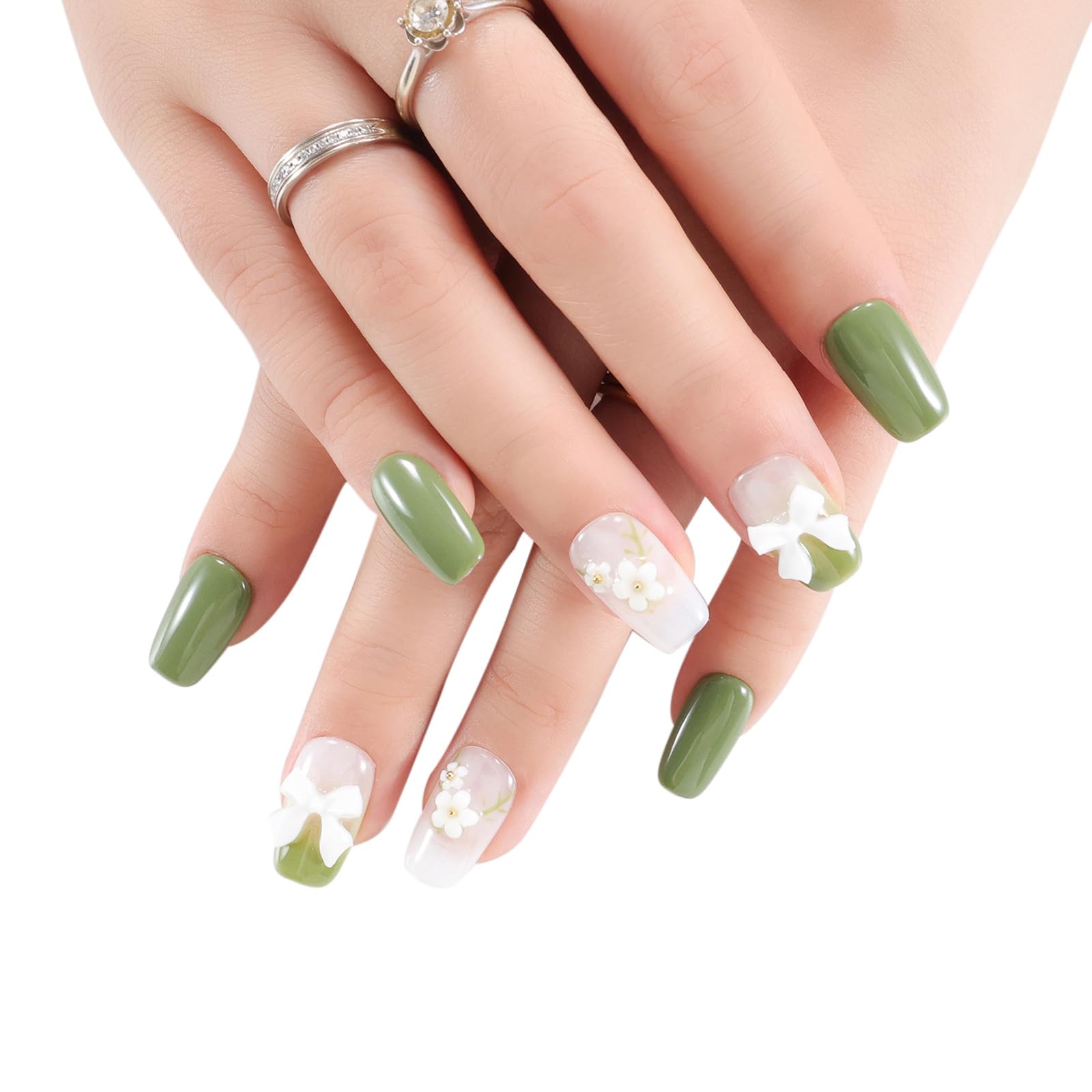 【送料無料】ネイルチップ ショート おしゃれ ウランドチップ つけ爪 短め 女性 偽の爪 人気 和風 ネイルシール シンプル ネイルアートパッチ 繰り返し使える 成人式 入学式 卒業式 結婚式 パーティー 新年 色：グリーン、サイズ：S
