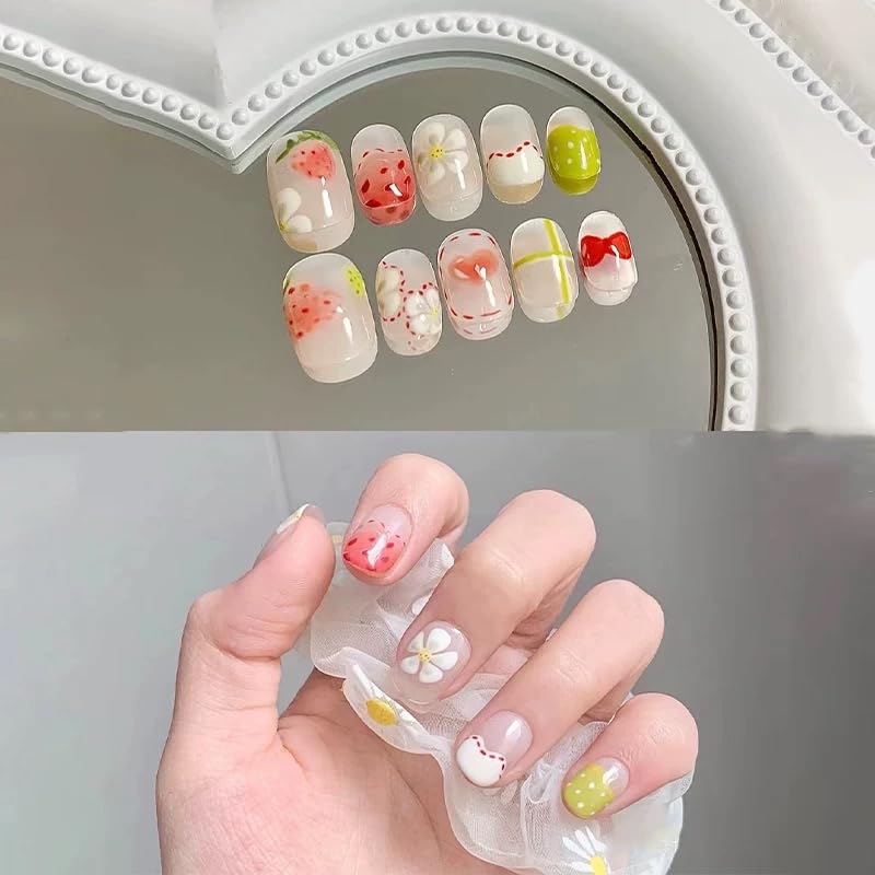 【送料無料】手作り ネイルチップ いちご 3d ネイルアート つけ爪デザイン 付け爪 30枚入 人気 かわいい シンプル おしゃれ ファッション 簡単オフ 初心者向け 色：レッド