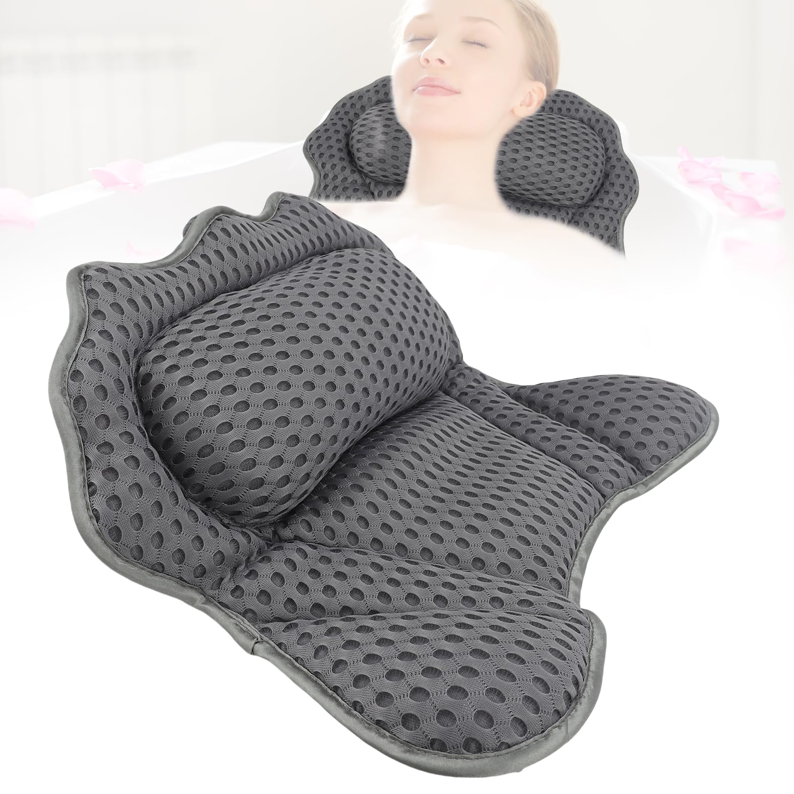 【送料無料】バスピローラグジュアリー バスタブピロー お風呂枕 4Dメッシュ生地のバスタブ枕 首と頭と背中のお風呂 枕 滑り止め吸盤6個付き 柔らかい 防水 便利なフック付 エアメッシュデザイン 色：グレー、サイズ：真ん中