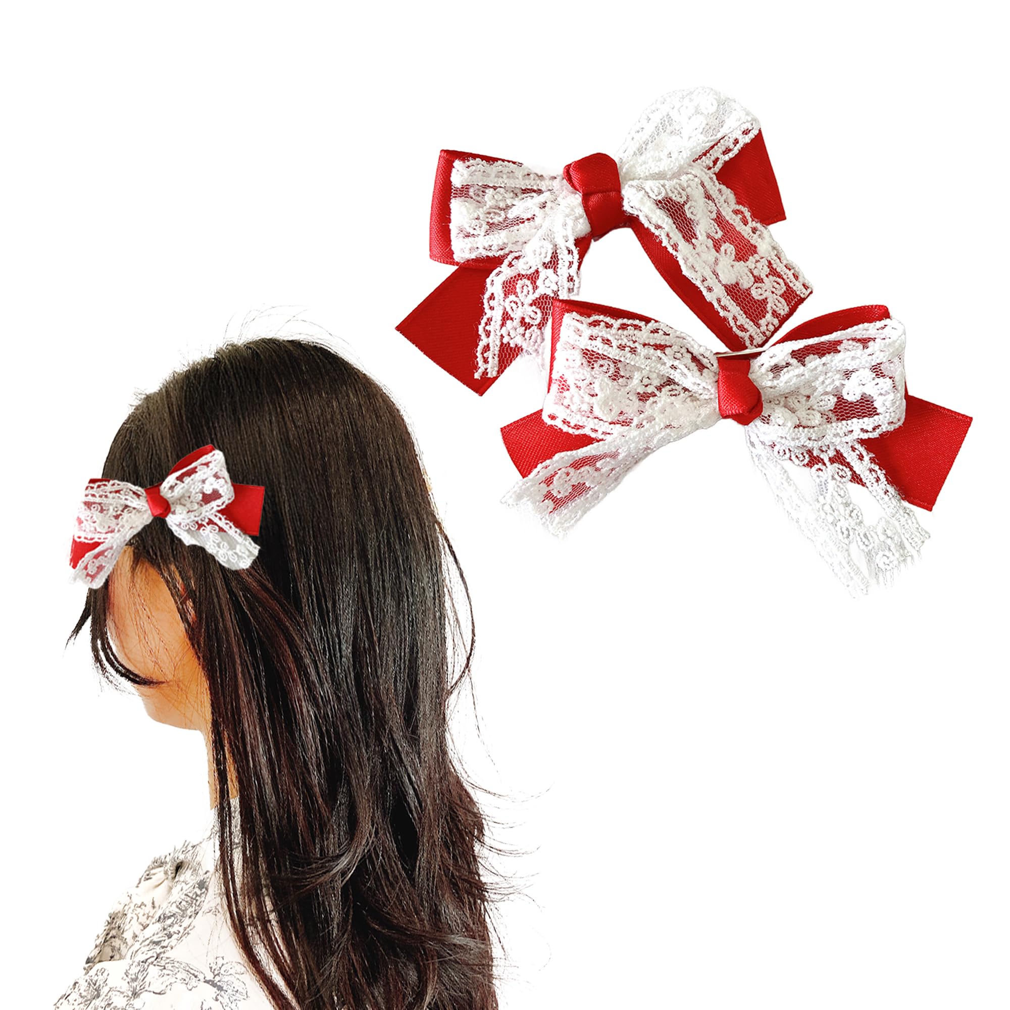 【送料無料】花柄レースリボンクリップ 2個セット [並行輸入品] 色：レッド