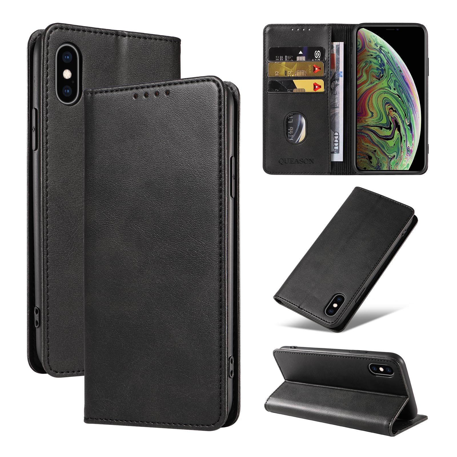 【送料無料】QUEASON【iPhone X/XS 通用手帳ケース】iphone xs ケース 手帳型 カード収納 iphone x ケース 手帳型 マグネット式 iphonexs カバー スタンド機能 アイフォン10 ケース 耐衝撃 全面保護 落下防止 防塵（ブラック）