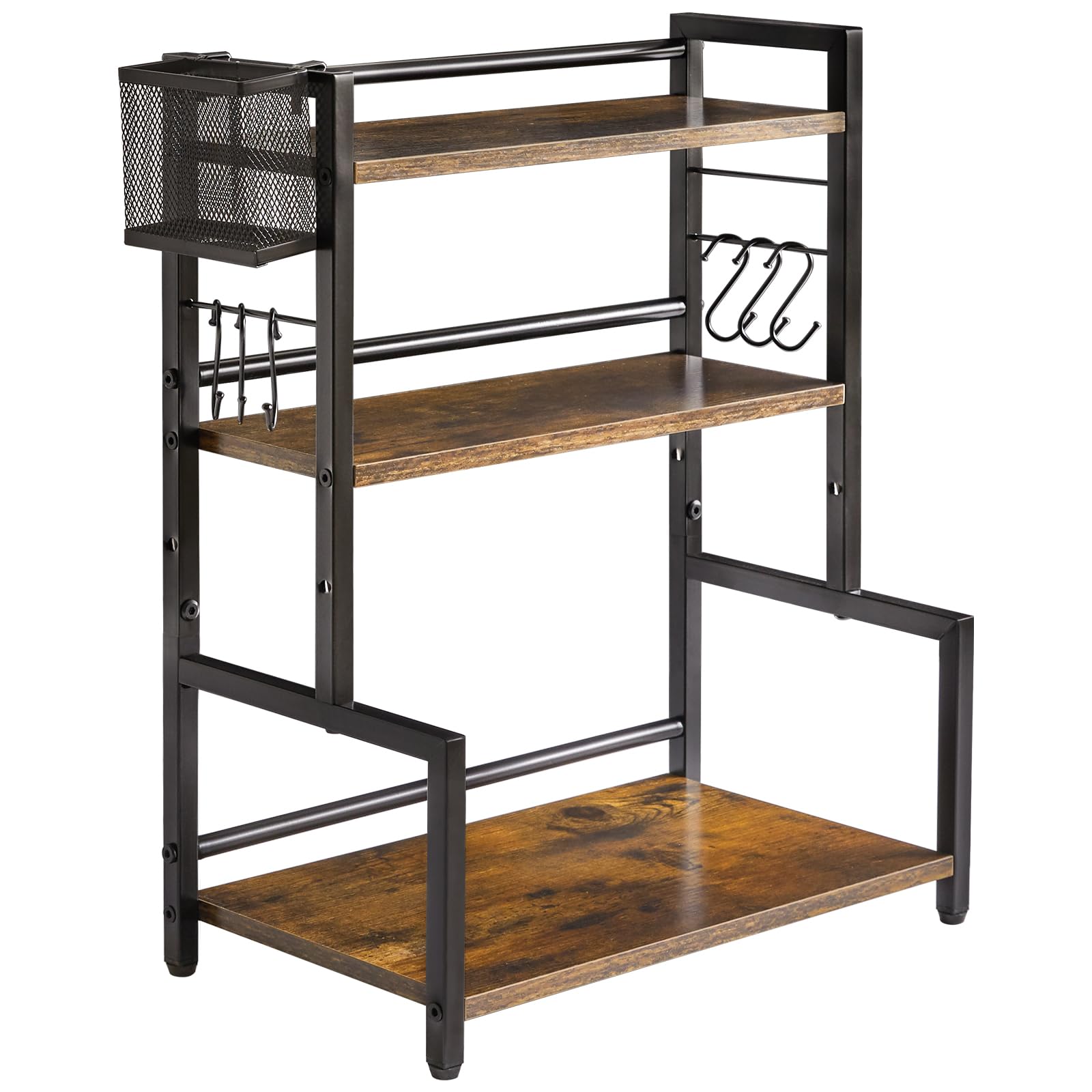 【送料無料】YMYNY 調味料ラック 3段収納ラック大容量 金属バスケットと6つのフック 階段設計のキッチ..