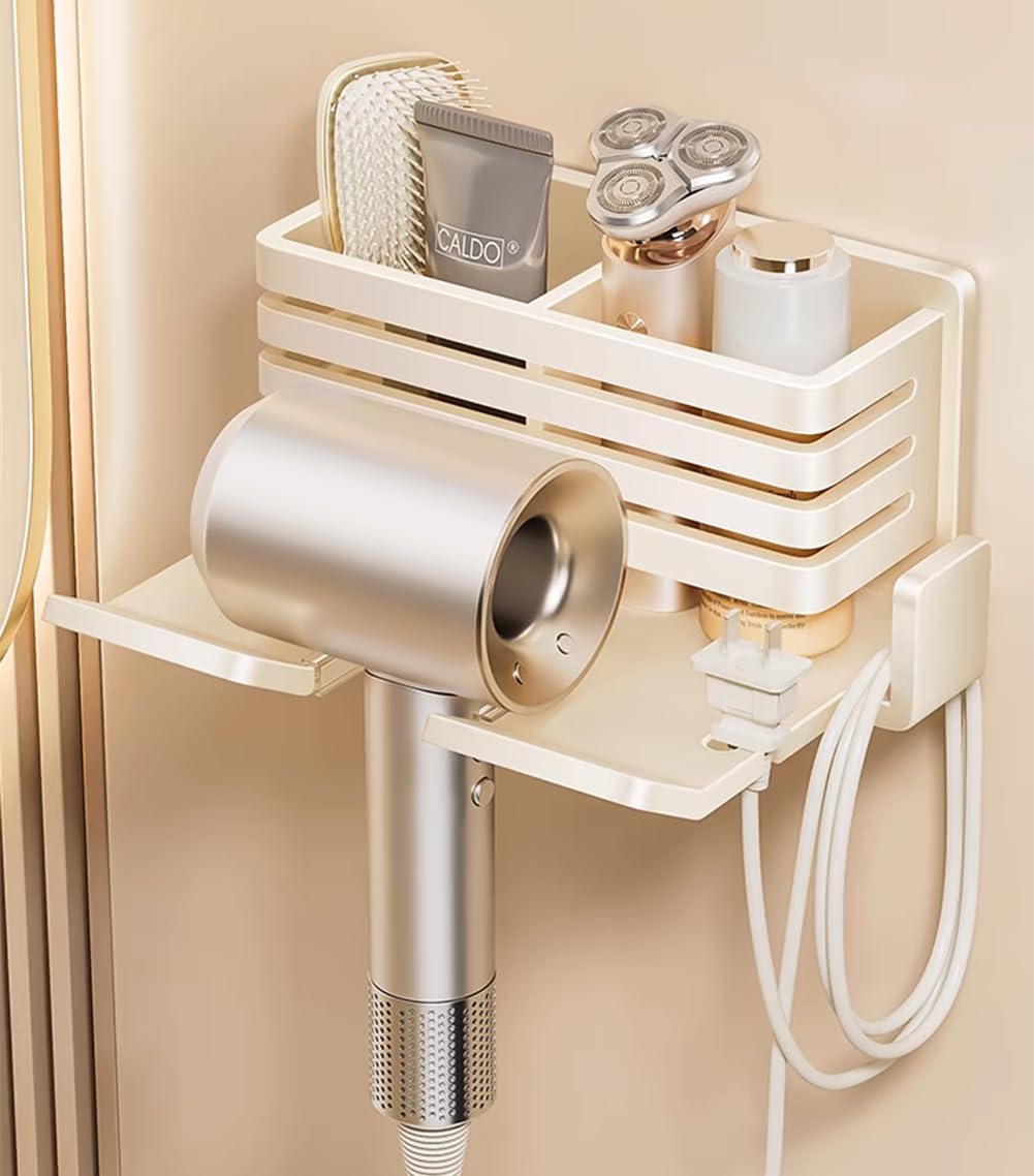 【送料無料】KAIXUANMAN ドライヤーホルダー マグネット ドライヤー掛け 壁掛けドライヤースタンド ドライヤー置き 収納ボックス付き バス用品 アルミ ミルキーホワイト