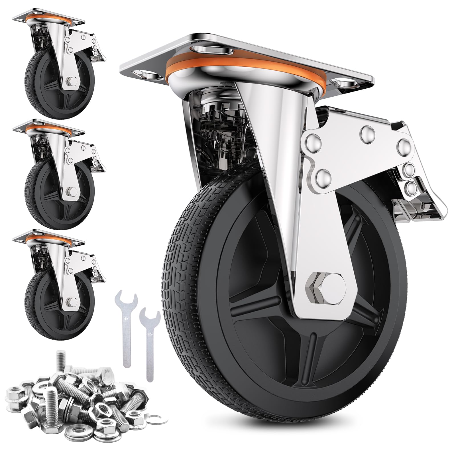 【送料無料】COOWOO 6インチ キャスター 4個セット 車輪 ブレーキ付き 高耐久性 耐荷重1000kg 360度回転 静音 ミュートシリーズDIY家具交換キット ホイール径150mm (6インチ（4個セット）)