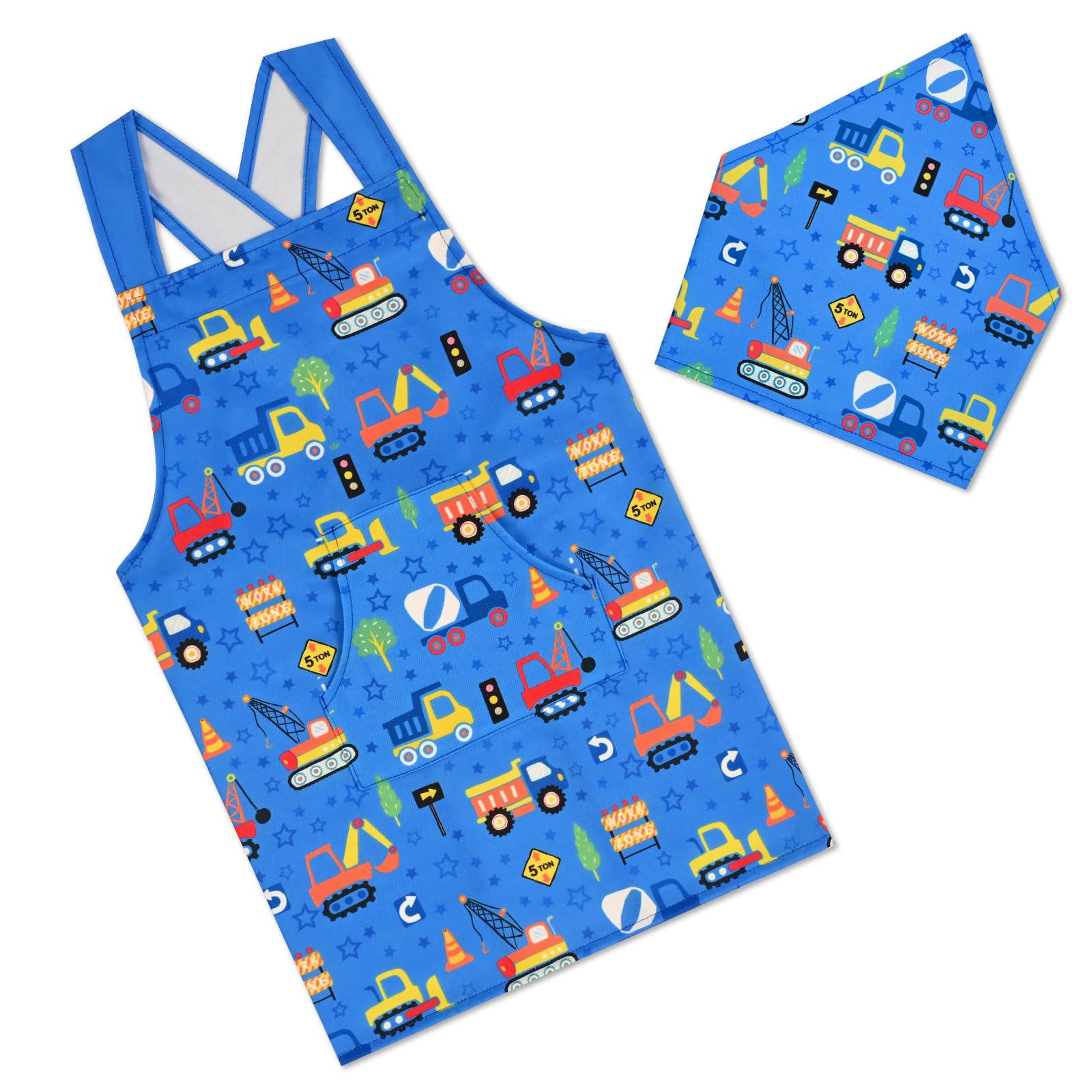 【送料無料】[Athbavib] エプロン 子供 トラック 車 ブルー 三角巾付き ポケット付き かぶるだけ 着脱..