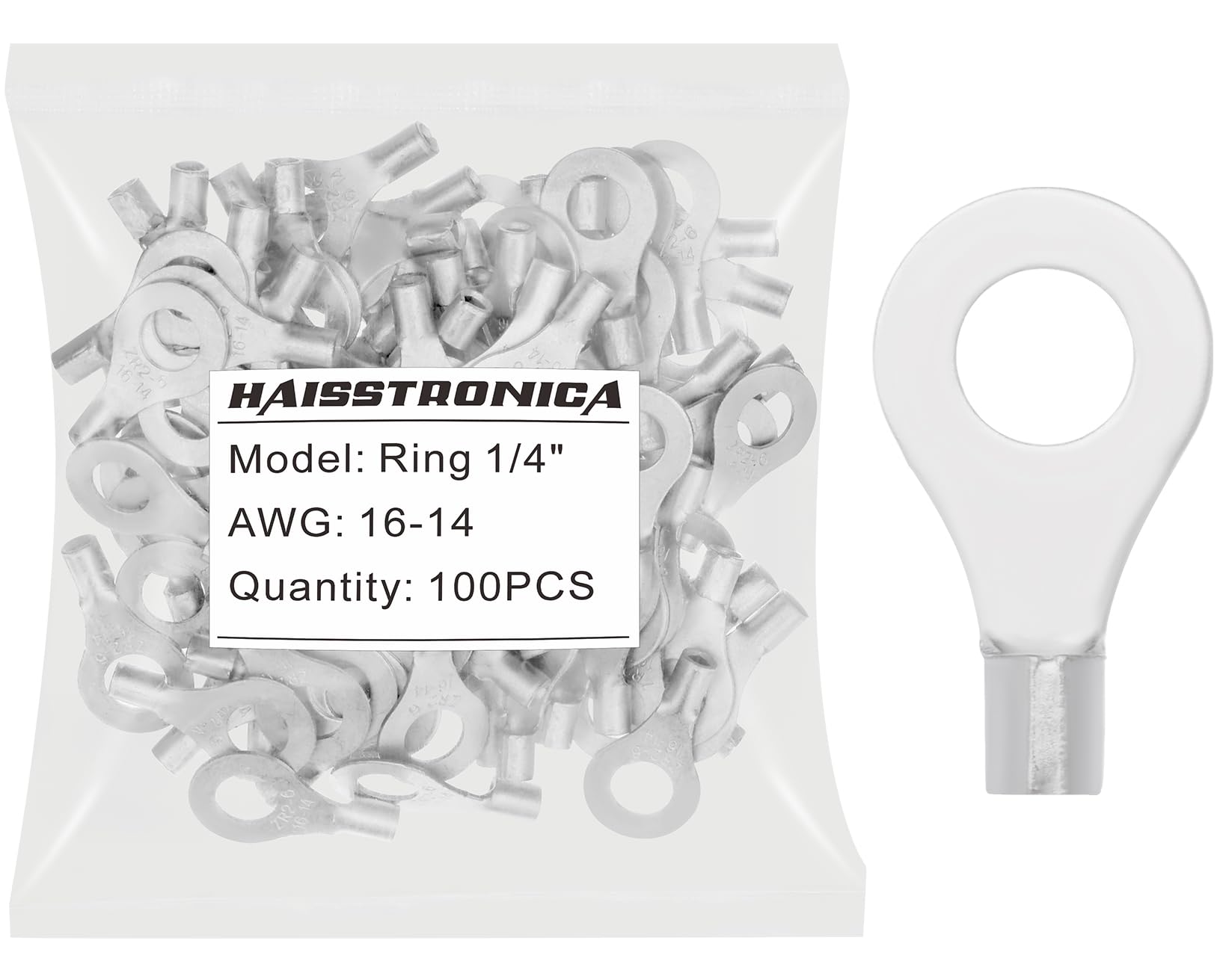 【送料無料】haisstronica 100個 1/4インチ (6.35mm) 穴リング圧着端子 AWG 16-14 (1.31-2.07mm) 非絶..