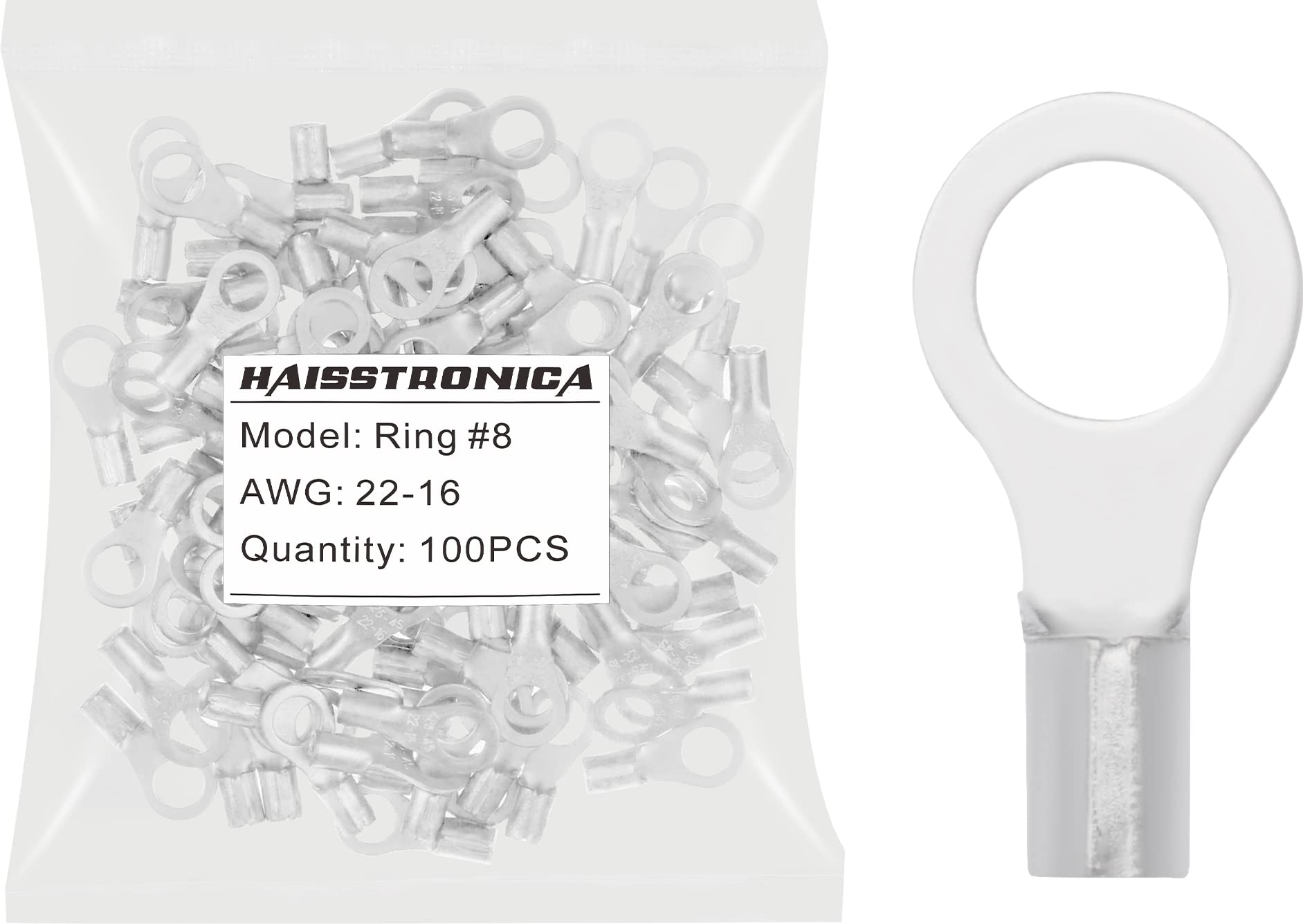 【送料無料】haisstronica 100個 #8インチ (4.2mm) 穴リング圧着端子 AWG 22-16 (0.32-1.31mm) 非絶縁..