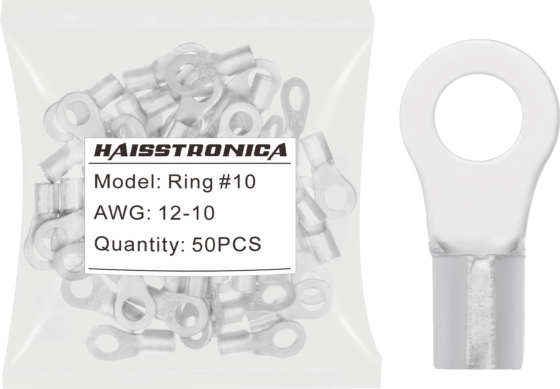 【送料無料】haisstronica 50個 #10インチ (4.8mm) 穴リング圧着端子 AWG 12-10 (3.33-5.26mm) 非絶縁..
