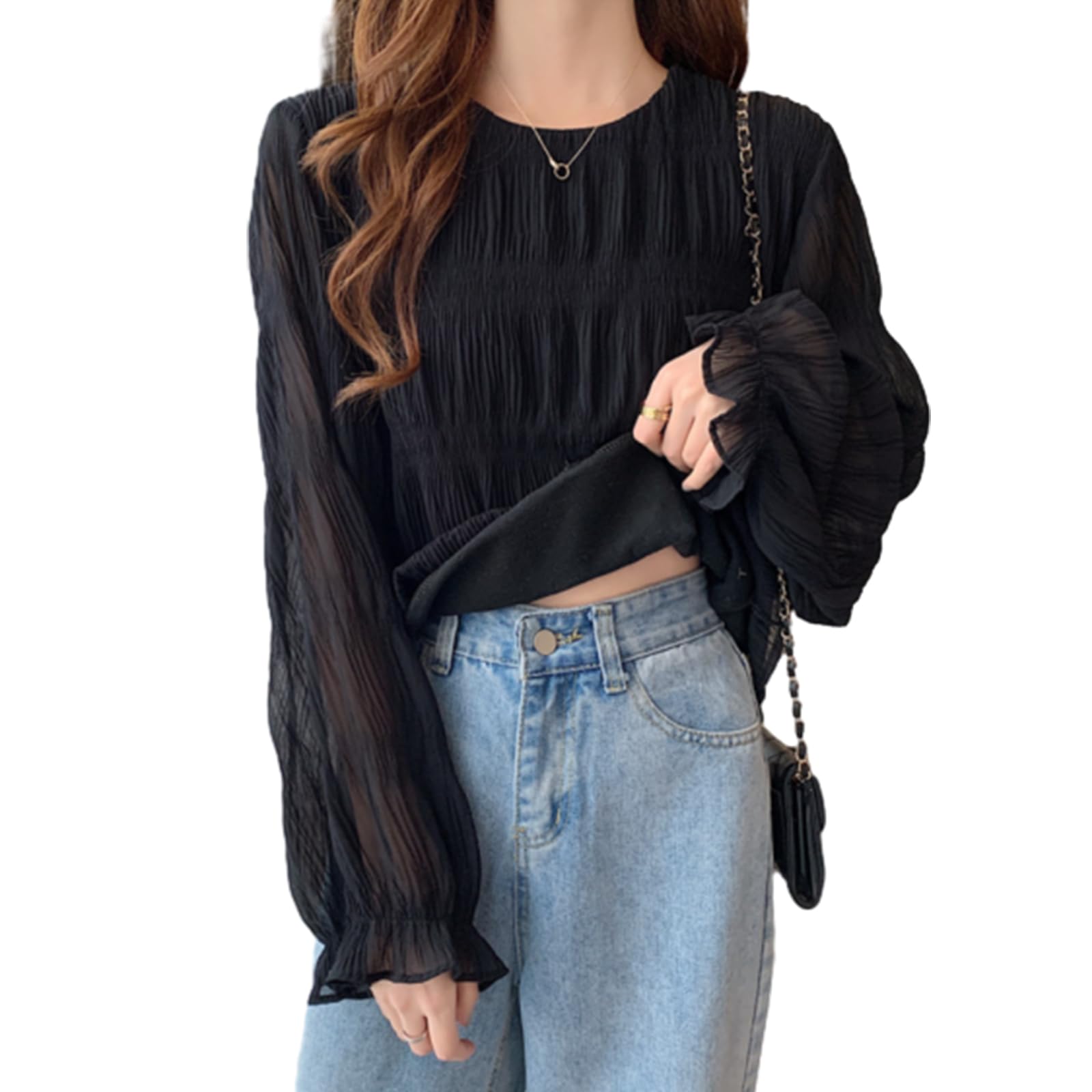 【送料無料】[ORWZDCO] ブラウス レディース シフォン シャツ プリーツ トップス 長袖 フレア袖 裏地付き 透け感 フリル 丸首 体型カバー 無地 着痩せ 上品 カジュアル 快適 通勤 お旅 デート 春 秋 冬