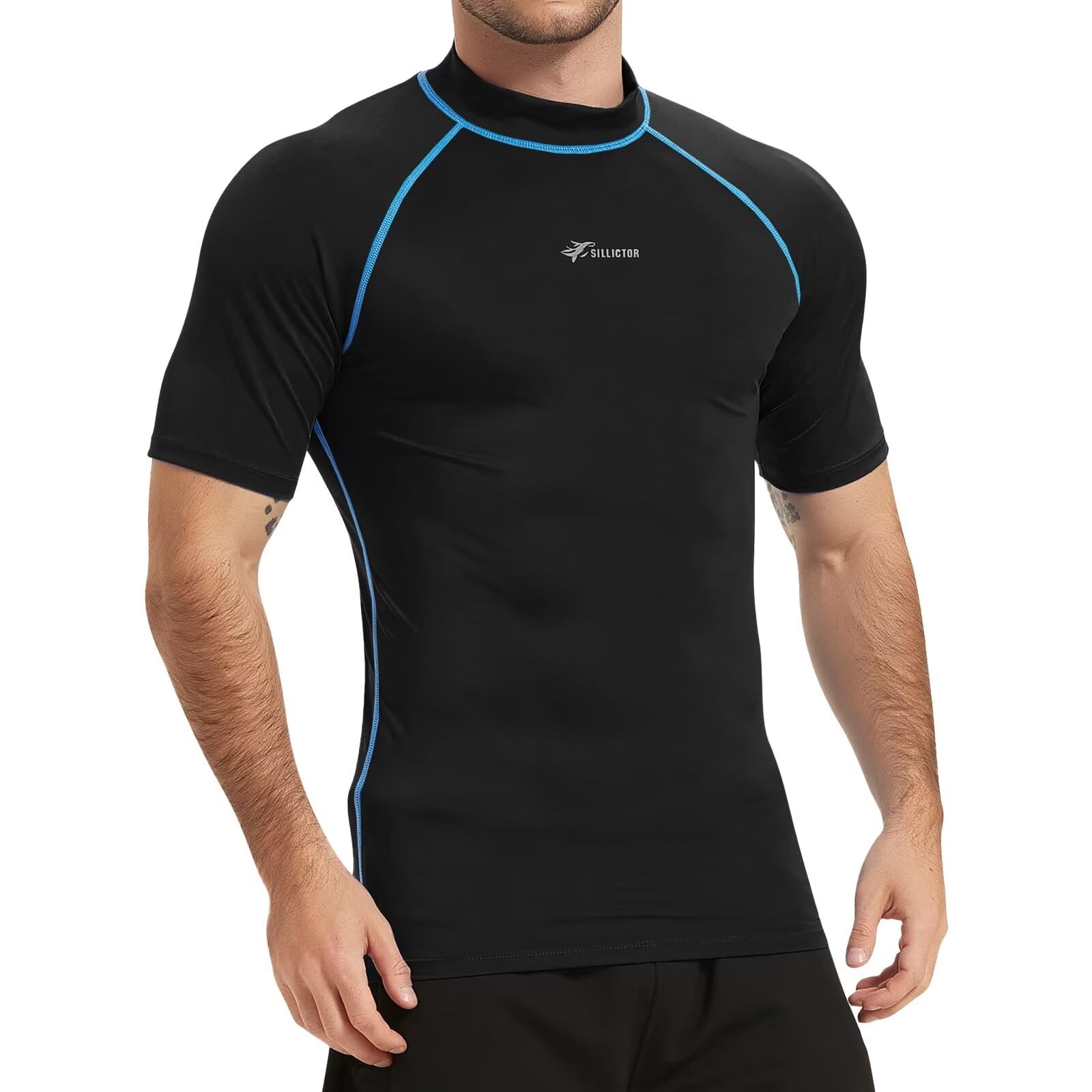 【送料無料】[Sillictor] ラッシュガード 半袖 メンズ ハイネック 水着 大きいサイズ パワーストレッチ 水陸両用 スイムウェア コンプレッション スポーツ スイム シャツ [UVカット・冷感速乾] yc222blk-bl-M