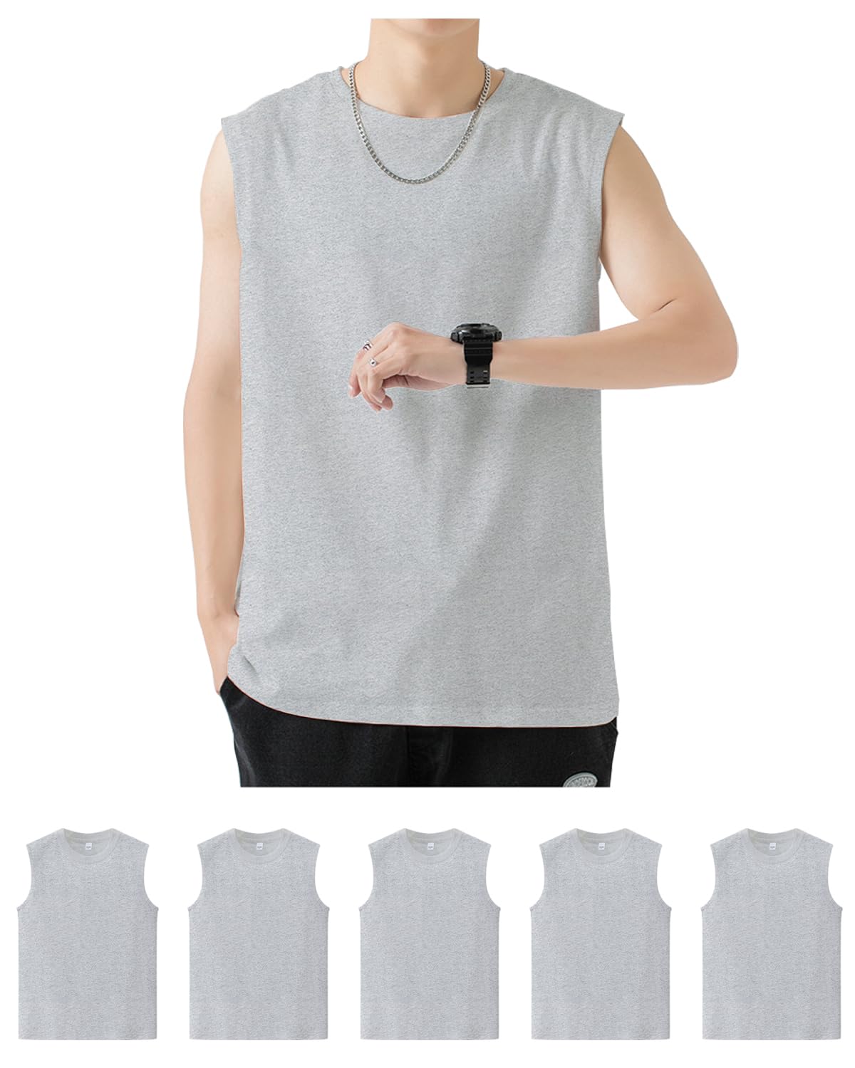 【送料無料】Sukinana インナーシャツ メンズ 綿100% 5枚組 クルーネックスリーブレス 抗菌防臭加工 吸水速乾 タンクトップ やわらか肌着 通気性 下着 シャツ 春 夏 秋 冬 (2XL, グレー)