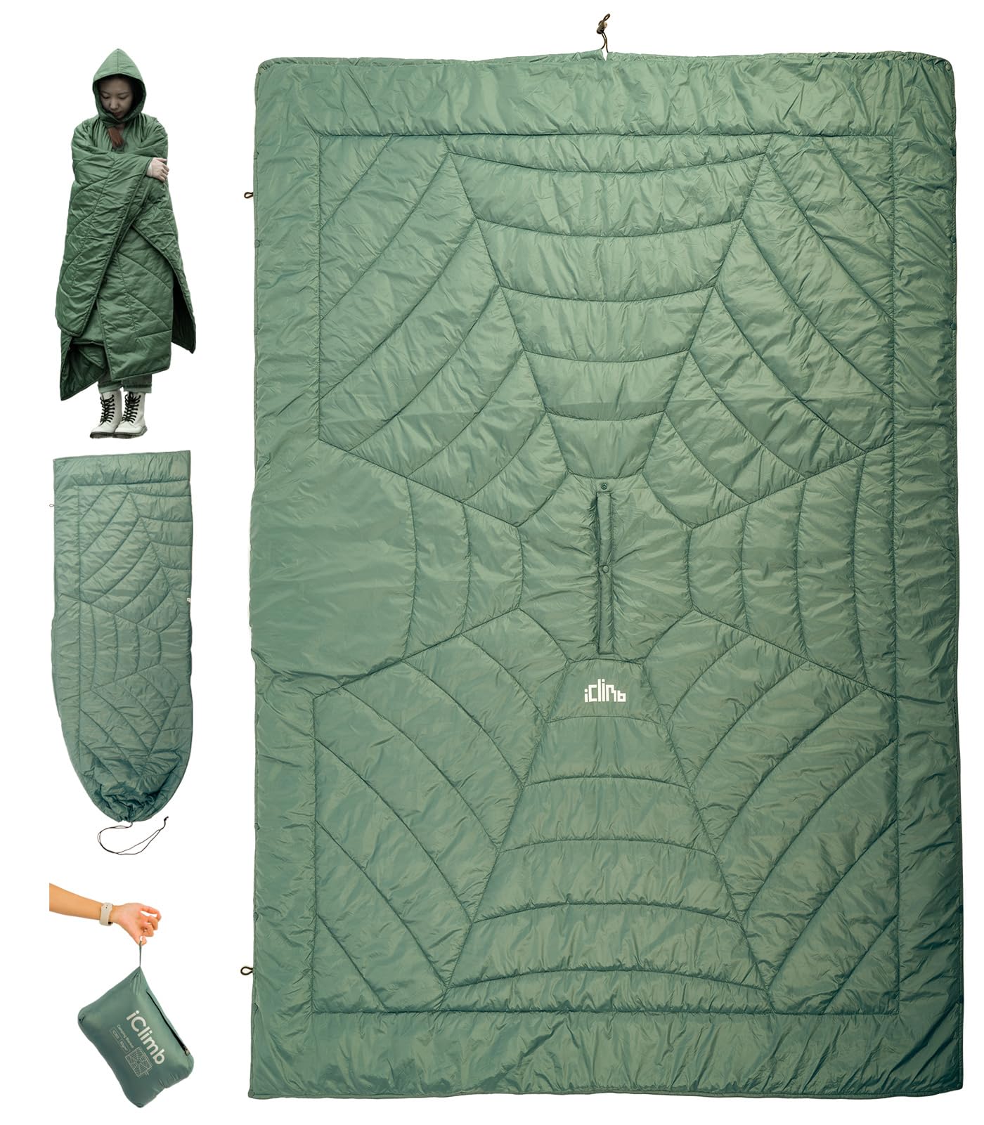 【送料無料】【iClimb (アィクライム)】★フード付きキャンプブランケット ★多用途 外着可 ひざ掛け 簡易寝袋 寝袋ライナー ★キャンプ 旅行 出張 ホテル 機内 夜バス 朝通勤 車中泊 オフィス 自宅 防寒 クーラー 冷房対策 ★収納袋一体化 0.56kg超軽量 コンパクト 携帯
