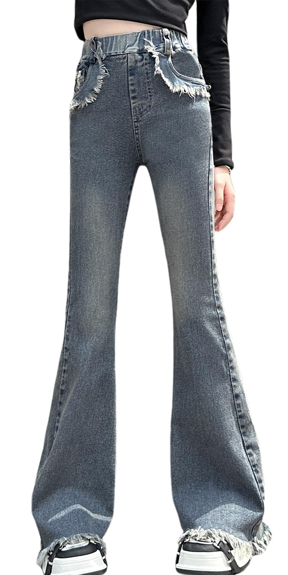 【送料無料】[Maeau] ワイド ズボン ウエストゴム カジュアル 蝶 おしゃれ ガールズ 学生 ロング 着痩せ 女の子 ズボン デニムパンツ フレアパンツ 春 秋 夏 ジーパン 子供 キッズ パンツ Eブルー 150