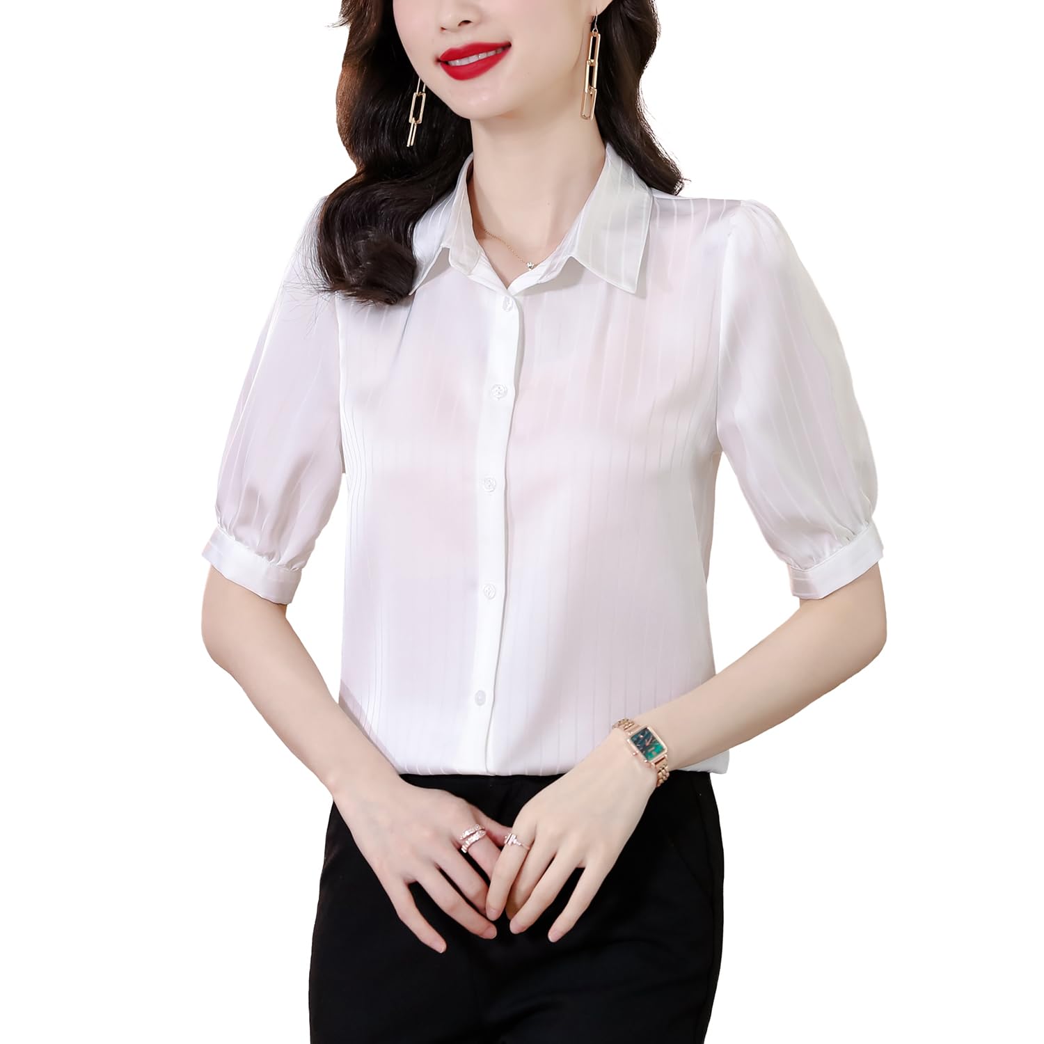 【送料無料】[Bolan　Verl] ストライプ 半袖 ブラウス ワイシャツ レディース カッターシャツ ノーアイ..