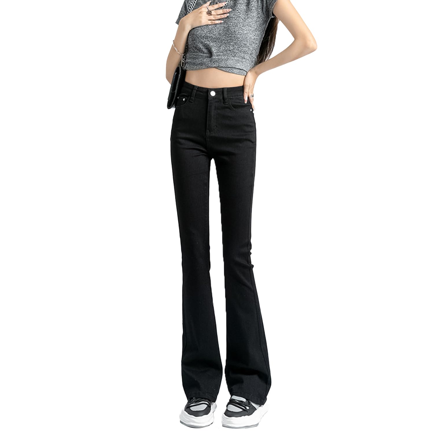 【送料無料】[VYOOU] ジーンズ フレアパンツ デニムパンツ レディース ロングパンツ ハイウエスト スリット入り 美脚 美尻 弾力性 （ブラック，S）