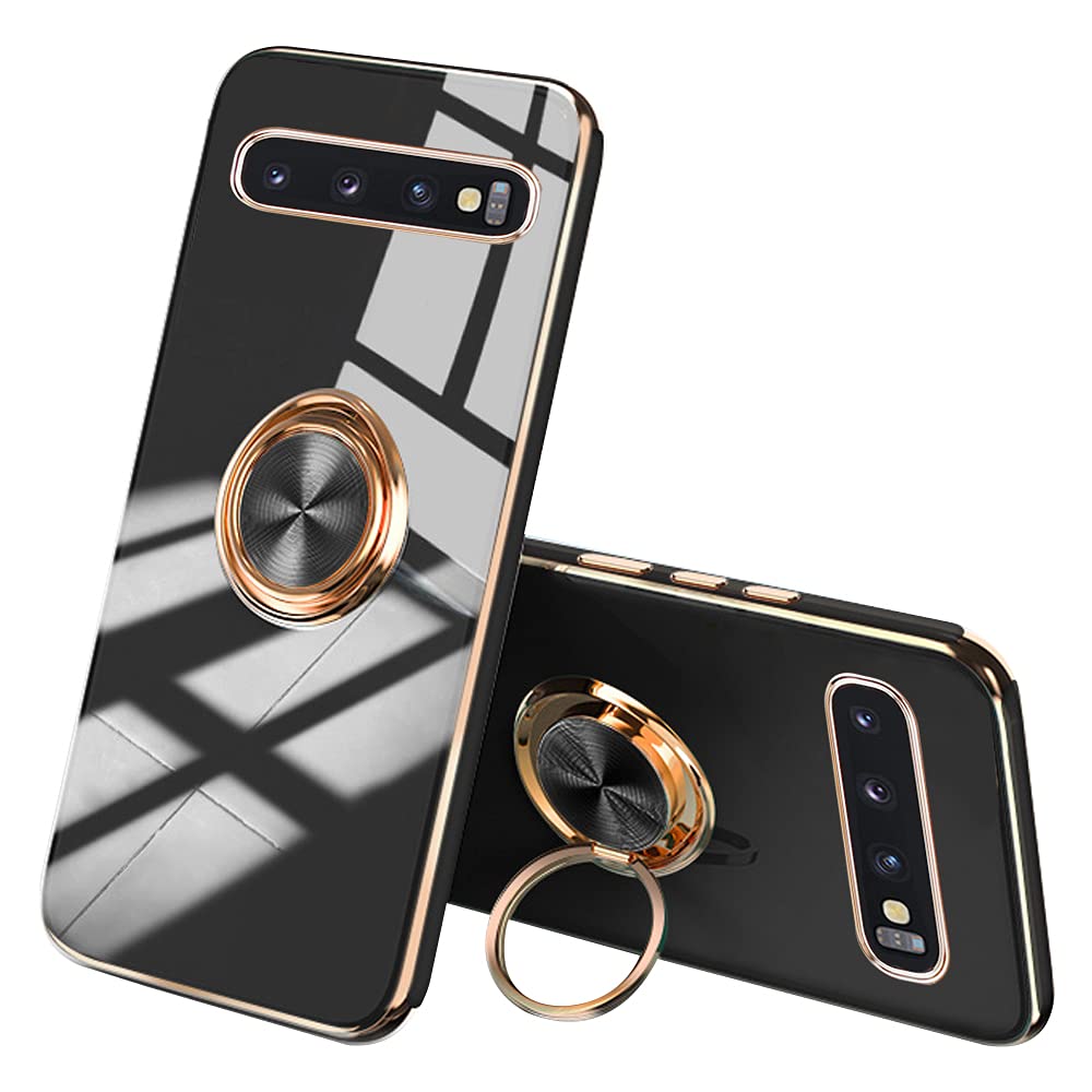 【送料無料】JOOBOY Samsung Galaxy S10 Plus ケース GalaxyS10 Plus ケース リング付き メッキ加工 レンズ保護 tpu ソフト ストラップホール付き 耐衝撃 スリム おしゃれ スマホケース 携帯カバー ギャラクシーS10 Plus 用 カバー (Galaxy S10 Plus, ブラック)