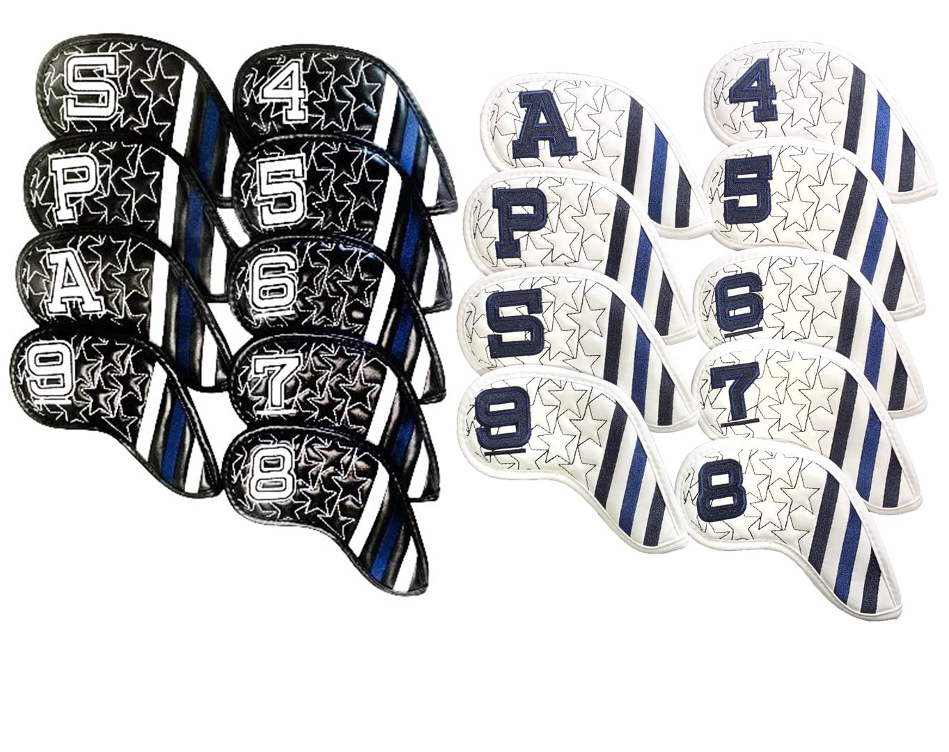 【送料無料】ゴルフヘッドカバー アイアンカバー アイアン用 刺繍入り 9点セット 4−9番 P、A、S番 番手付 星 ライン 黒 白 (白)