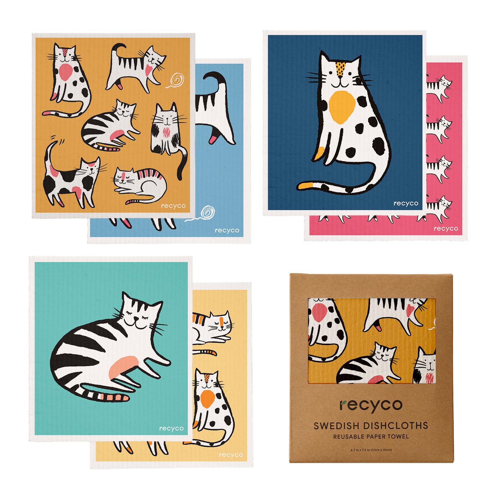【送料無料】Recyco キッチンクロス セルロース クロス 17×19cm ふきん 6枚セット 天然繊維 スポンジワイプ ねこちゃん ぐんぐん吸水 速乾 耐久性 吸水スポンジ キッチンタオル 抗菌 防臭 断熱マット