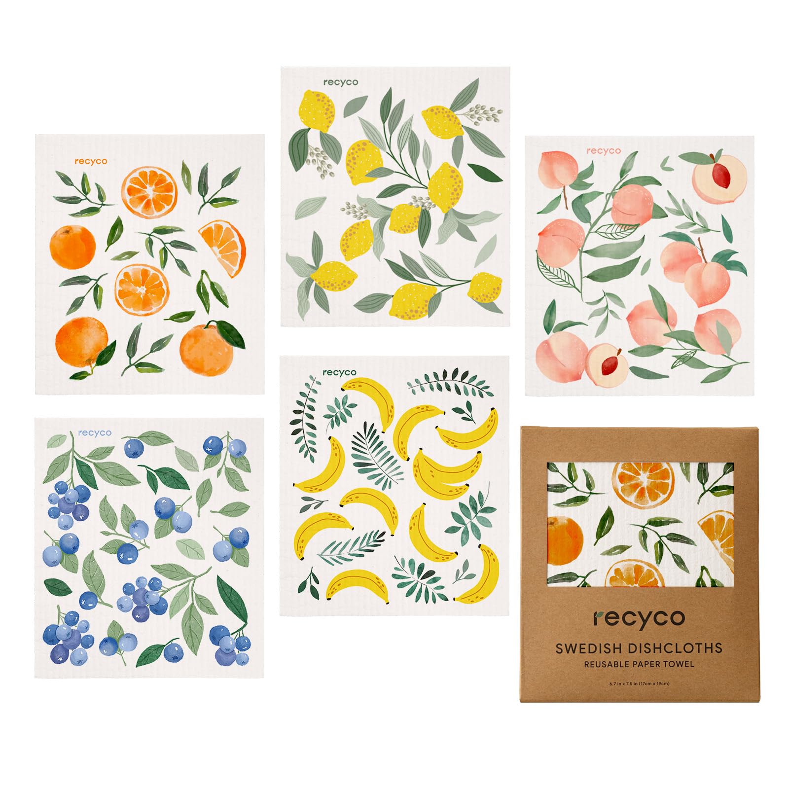 【送料無料】Recyco セルロース ふきん クロス 5枚セット キッチンクロス 17×19cm 天然繊維 台拭き 防臭 スポンジワイプ フルーツ ぐんぐん吸水 速乾 耐久性 ランチョンマット キッチンタオル 抗菌 断熱マット