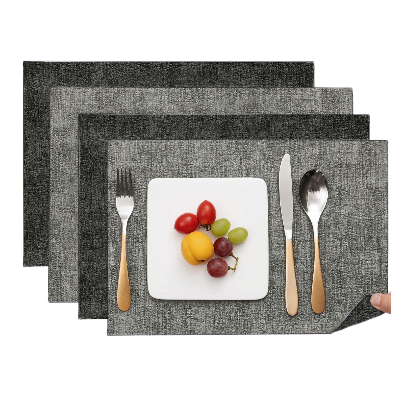 【送料無料】[Senteria] ランチョンマット テーブルマット 4枚セット 高質PUレザー おしゃれ 北欧 四角 方型 両面 防水 滑り止め 汚れ防止 断熱 保護 お手入れ簡単 拭き取り可能 食卓飾り 雰囲気 調理台 食卓 家庭用「43*30cm」（グレーxブラック）