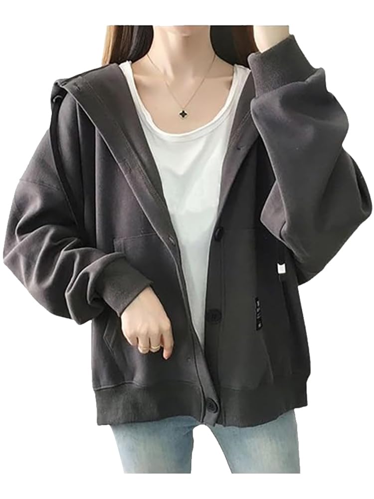 【送料無料】Beylimcy レディース パーカー 薄手 カジュアルウエア ボタン ゆったり トップス 秋冬春 Bey70 (3XL, ダークグレー)