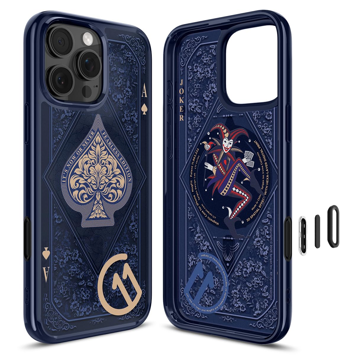 商品情報商品の説明主な仕様 【限定品：c11 マンスリー・エディション】繊細で立体的なヘキサレイヤーのプリントでデザイン性の高いケースに仕上げました。強力なカード「スペードのエース」と予測不可能なワイルドカード「ジョーカー」の出会いは、最も重要な瞬間に力を発揮できる恐れのない心を象徴します。【ボタンまで完全保護】Spigenの既存の人気商品にカメラコントロールボタンをカバーする機能が追加された新ラインアップ！カバー越しでもカメラコントロール機能が楽しめます。【MagSafe完璧対応】強化されたマグネットが内蔵されており、強い固定力でMagSafe機能を便利に利用できます。【MIL規格取得】iPhoneを落としても安心！1.2mの高さから26回落下してもデバイスが無事な場合認められる「MIL-STD 810G-516.6」を取得しました。【ストラップホール付きで安心！】ケースの側面にストラップホールがあり、ショルダーや手首のストラップをつけてデバイスを落とさず使用できます。