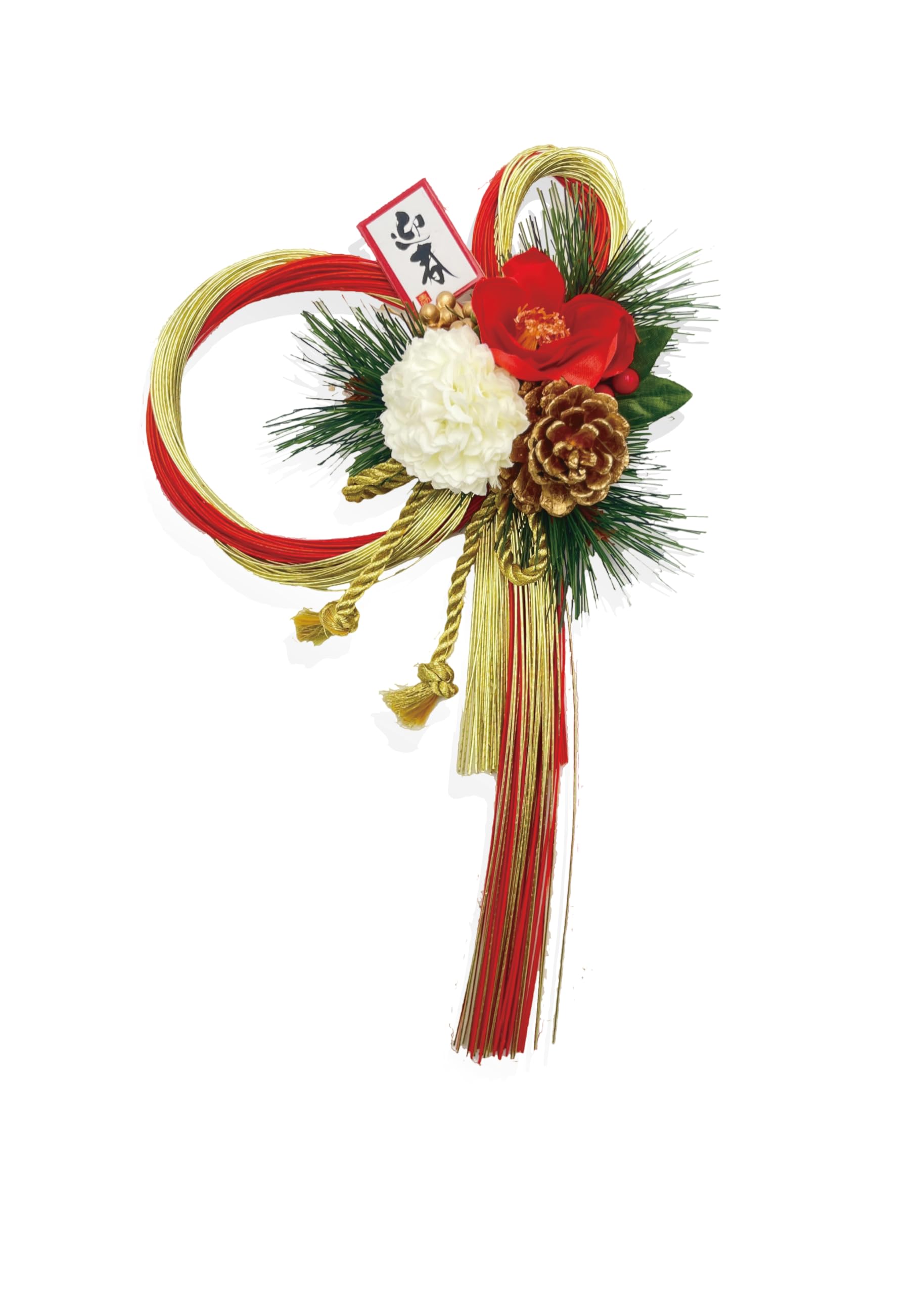 【送料無料】［ 2025年 mamawreath しめ縄 ］玄関飾り 梅 松 紅白 正月飾り 玄関 玄関用 しめ縄 お正月リース 松 サイズ 水引 レッド ゴールド 縦 32cm 横 20cm 厚み 7cm HSK-4613 (レッドゴールド水引飾り)