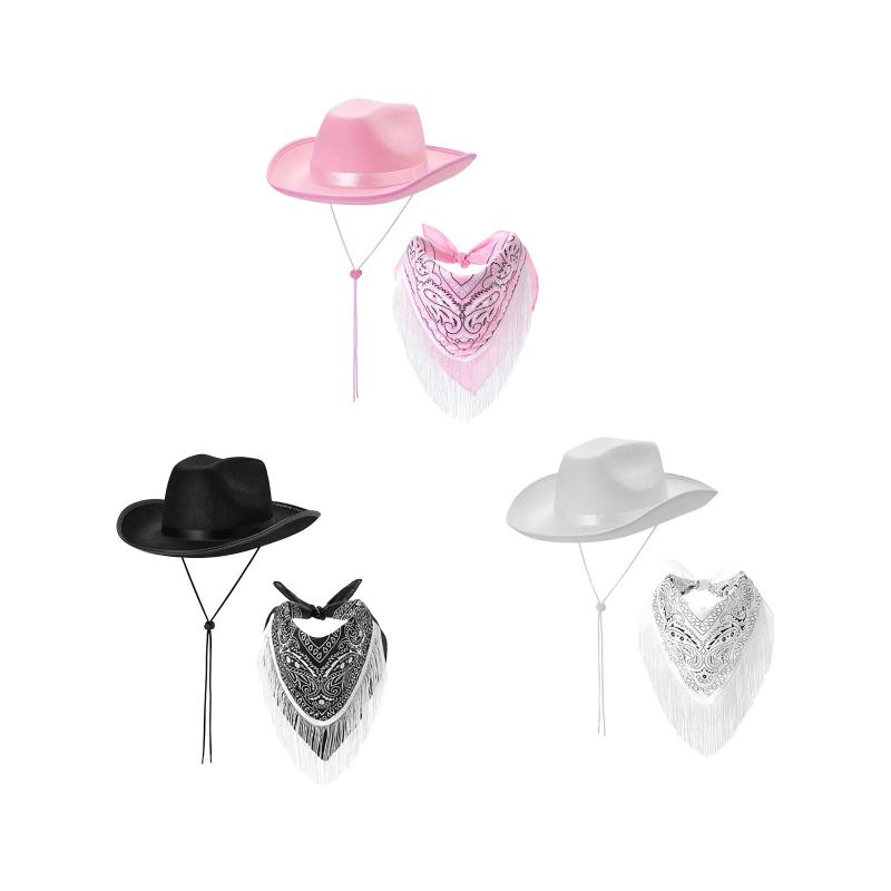 カウボーイハットとペイズリーバンダナカウガールハット.調節可能なあごストラップ付き.カーニバルのテ..