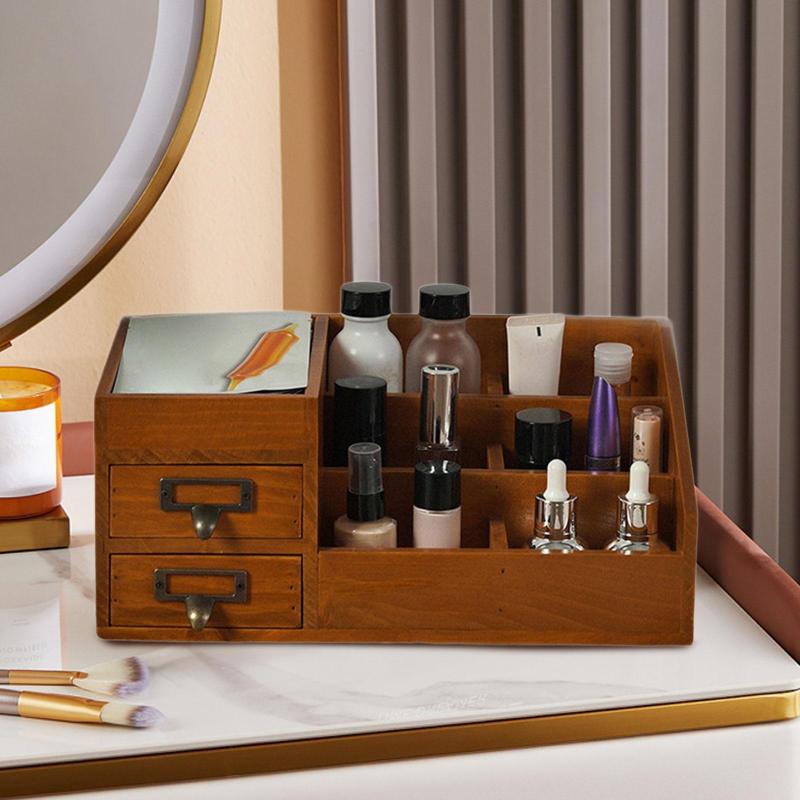 引き出し2つ付きデスクオーガナイザー メイクアップオーガナイザー 木製 ホームオフィス用品 多機能デスクトップ収納ボックス リビングルーム用