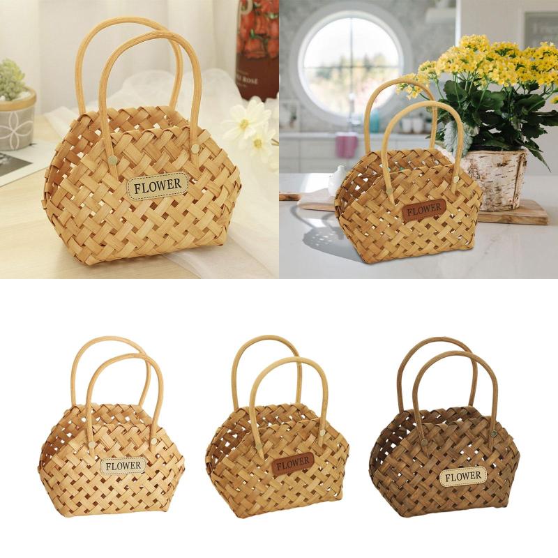 ハンドル付き織りフラワーバスケット.小さな素朴な手作り籐バスケット.ウッドチップバスケット.ディス..