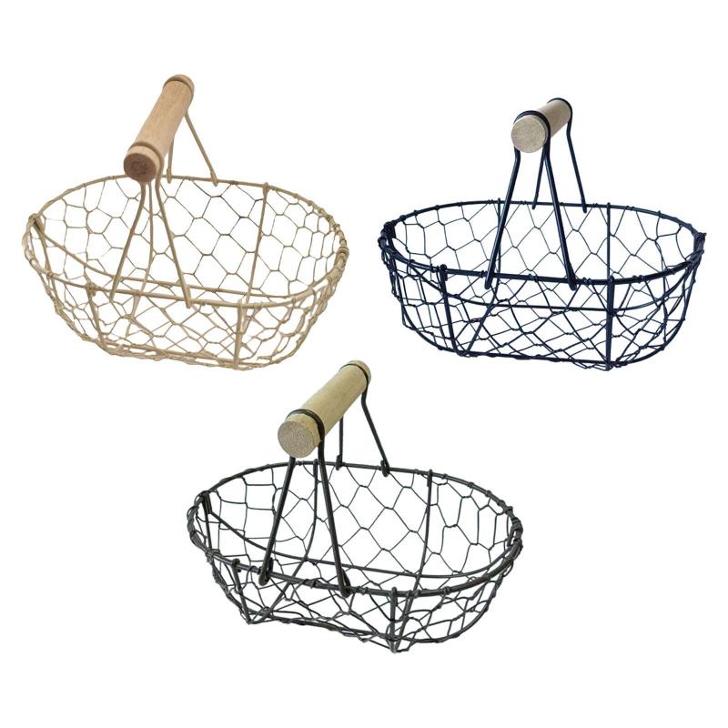 金属製ワイヤーエッグバスケット.鉄製収納バスケット.ギャザリングバスケット.レトロ装飾.木製ハンドル..