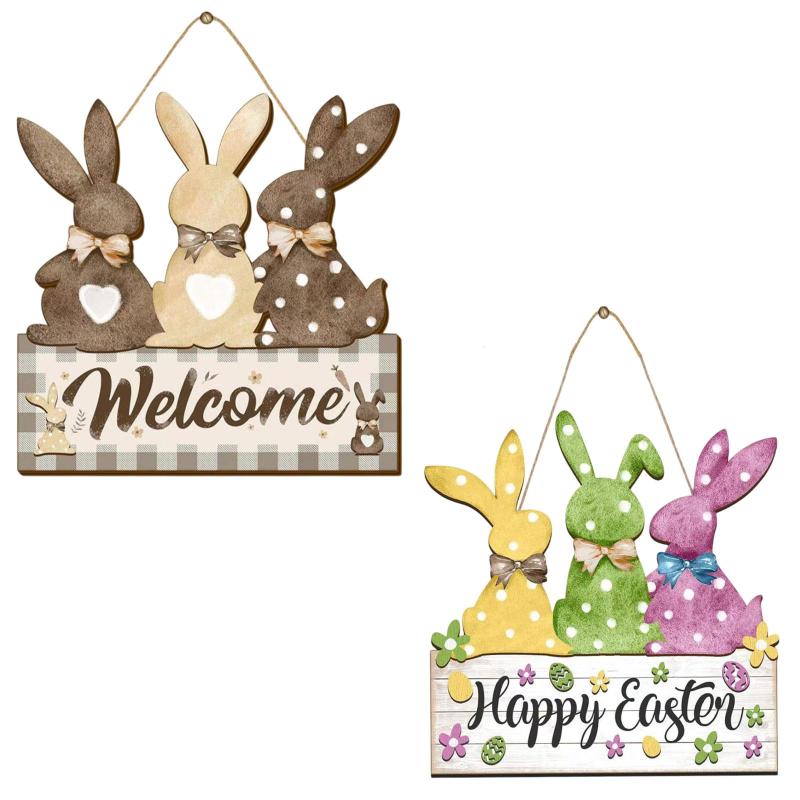 イースターバニーの木製ドアサイン.ハンギングプラークホームガーデンウサギサインバニーリース屋外の..