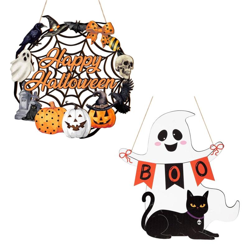 ハロウィン木製吊り下げ看板 木製看板 飾り板 コーヒーショップ ホリデー ヤード リビングルーム ガー..