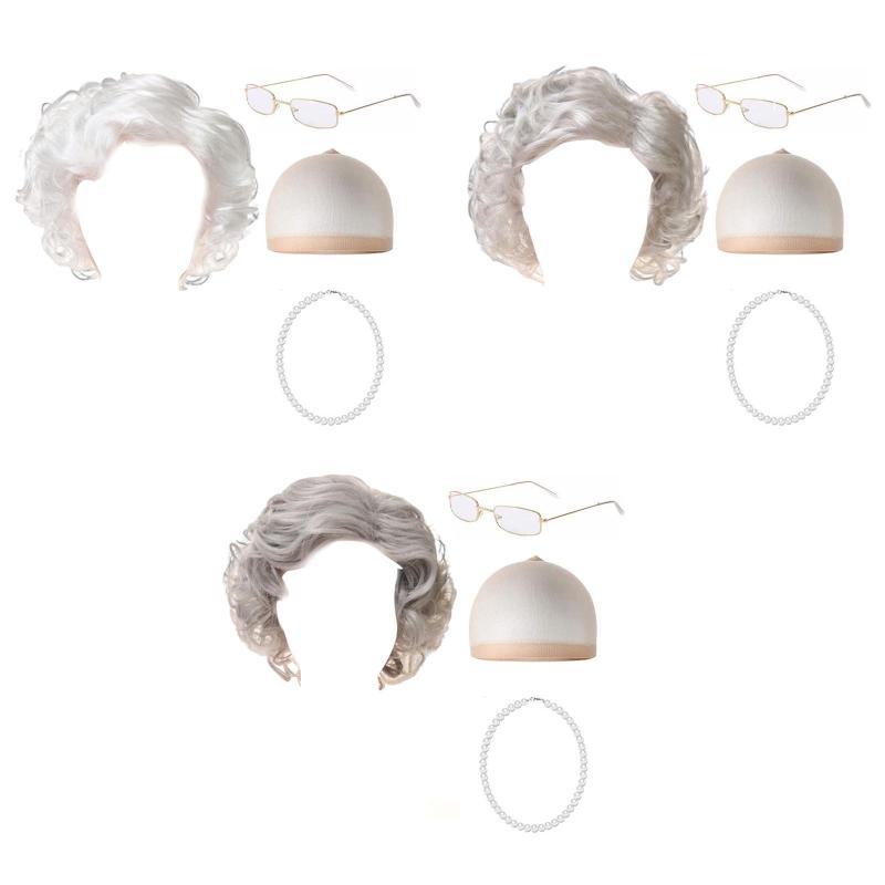 ハロウィン おばあちゃんウィッグセット おばあちゃん ショート カールヘア ウィッグ 快適な装飾 メガ..