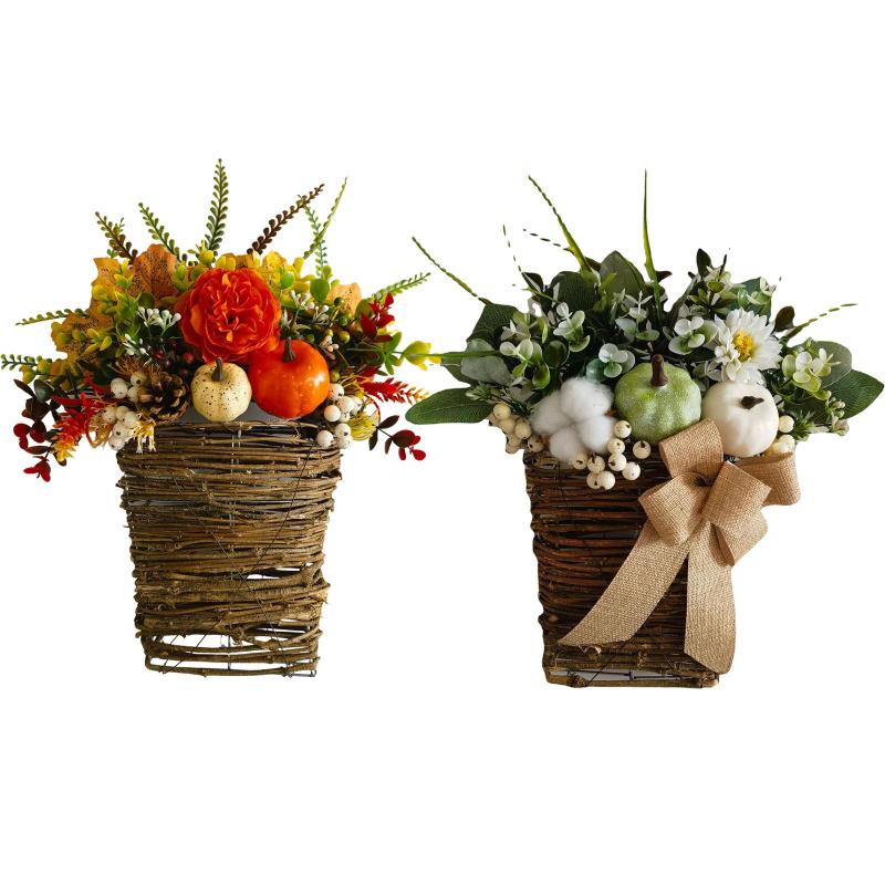 ハンギングフラワーバスケット花輪秋の収穫リースファームハウス35x35cmカボチャテーマフラワーアレン..