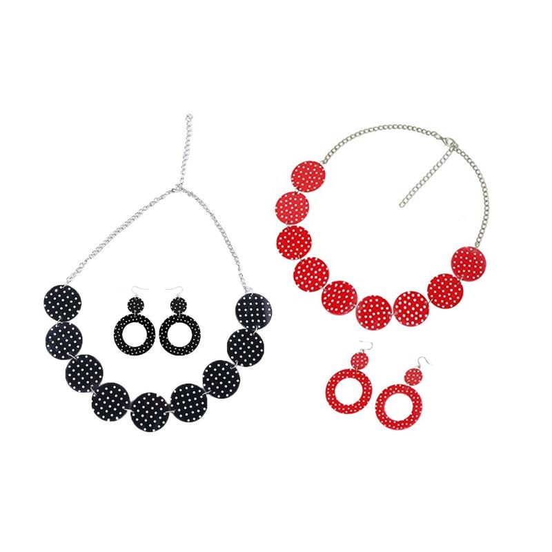 50 年代テーマのイヤリングとネックレスセット レディース ジュエリーセット デコレーション ホワイトとブラックの水玉イヤリング 誕生日 結婚式用