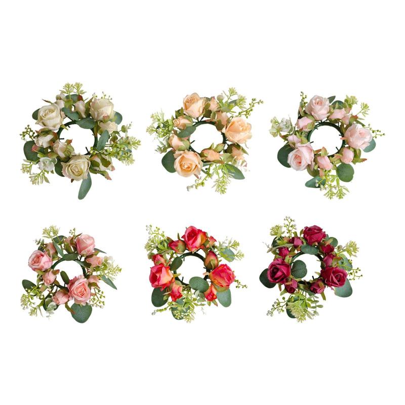 キャンドルリングホルダーガーランドデコレーションキャンドルホルダー玄関のための人工ローズリーステーブルトップパーティーホームフェスティバル