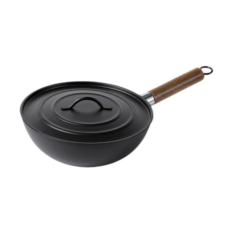 中華鍋 鉄製中華鍋 ノンスティックコーティング 家庭調理器具 木製ハンドル 蓋付き フライパン ガスソテーパン ノンスティック中華鍋 丸底中華鍋